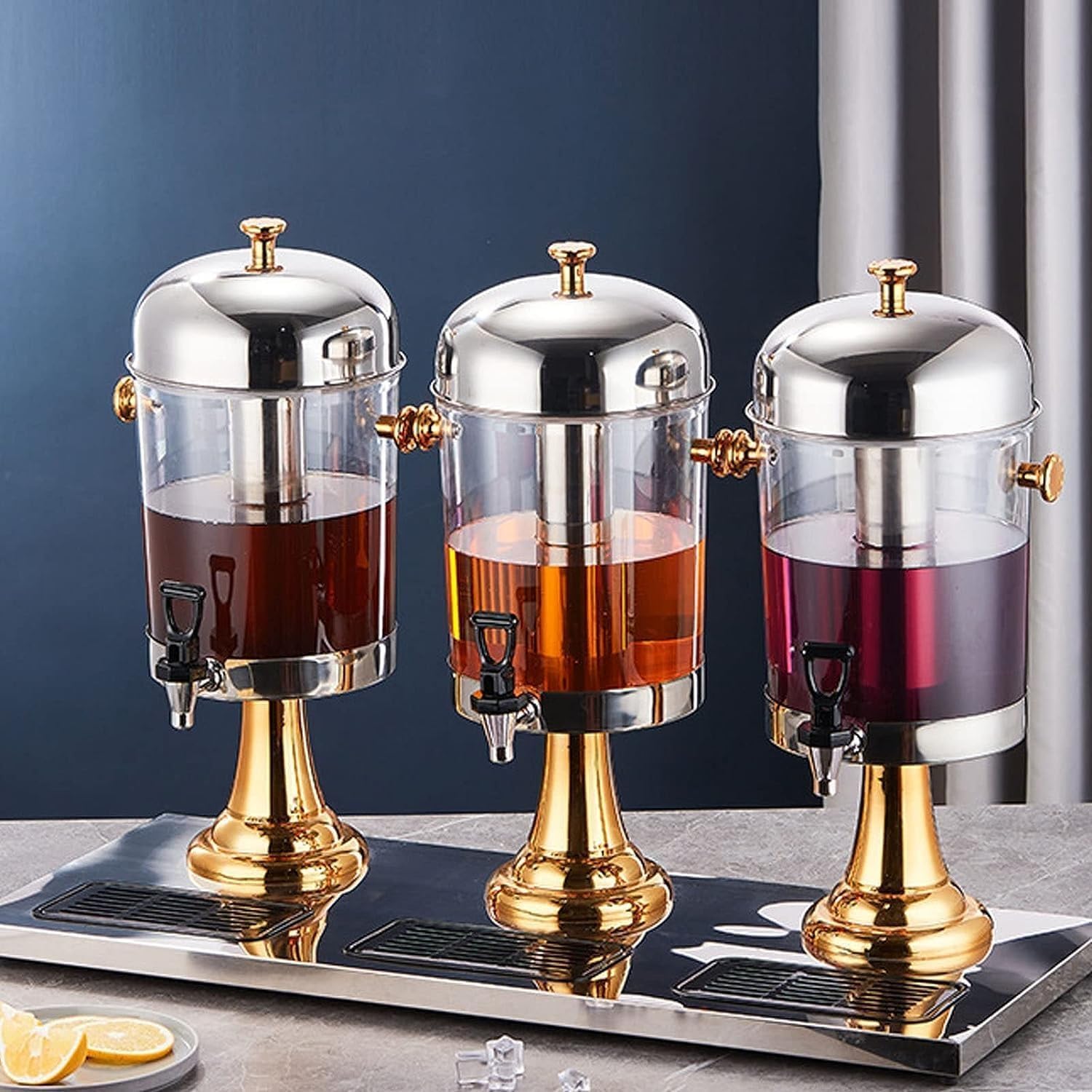 Commercial Cold Drink Machine, Stainless Steel Juice Dispensers, Glass Beverage Dispensers Machine with Faucet, for Hot Or Cold Drinks (Color : Gold, Size : ThreeHead)