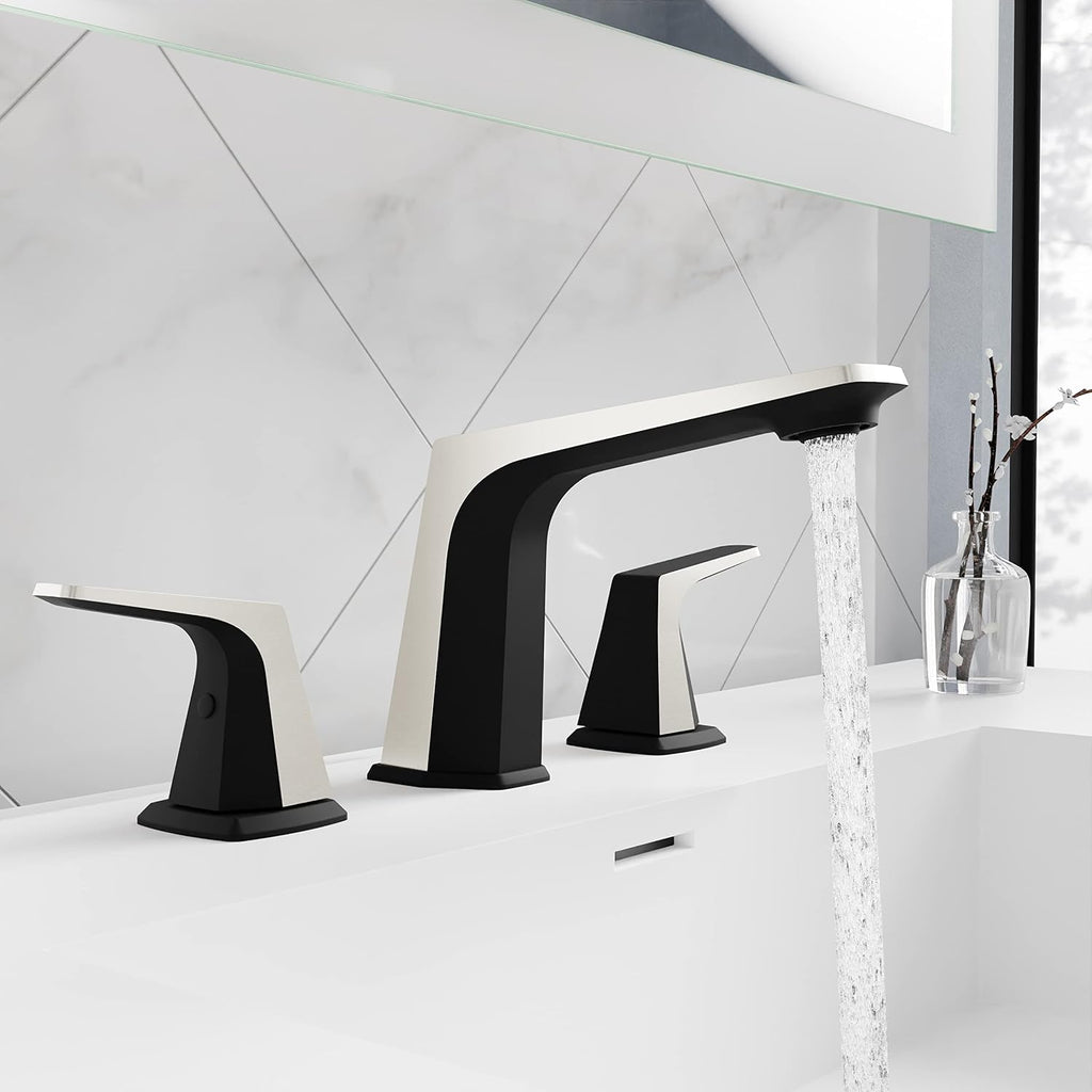 ANZZI Bathroom Faucet, Two Handle, Three Hole Bathroom Sink Faucet, RV Faucet, Vanity Faucet, Two Tone 8in Widespread Faucet, Matte Black & Brushed Nickel Faucet and Pop-up Drain (L-AZ905MB-BN)