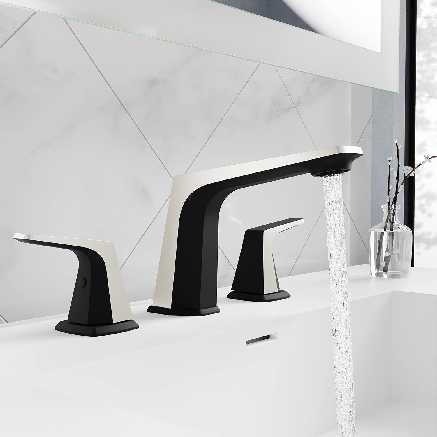 ANZZI Bathroom Faucet, Two Handle, Three Hole Bathroom Sink Faucet, RV Faucet, Vanity Faucet, Two Tone 8in Widespread Faucet, Matte Black & Brushed Nickel Faucet and Pop-up Drain (L-AZ905MB-BN)