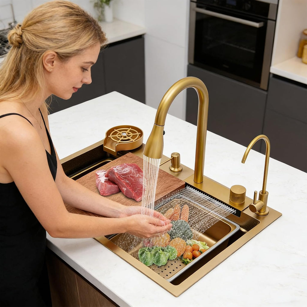 Multifunctional Kitchen Waterfall Sink, Gold Stainles Steel Kitchen Sink Double Sliding Rail, Double Bowl Sink with 3-Mode Cold & Hot Water Faucet 26.77x18.11x8.66in for Kitchen Bar Hotel(Gold)