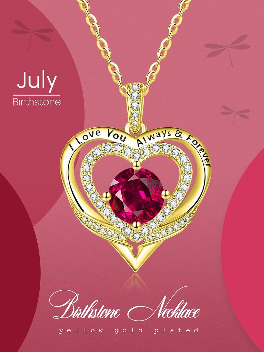 14K Gold Heart Necklaces for Women with Birthstone Pendant ，Double Hearts Necklace Jewelry Gift for Girlfriend Mom Anniversary Birthday Adjustable Chain 18' + 2' 'I Love You Always & Forever