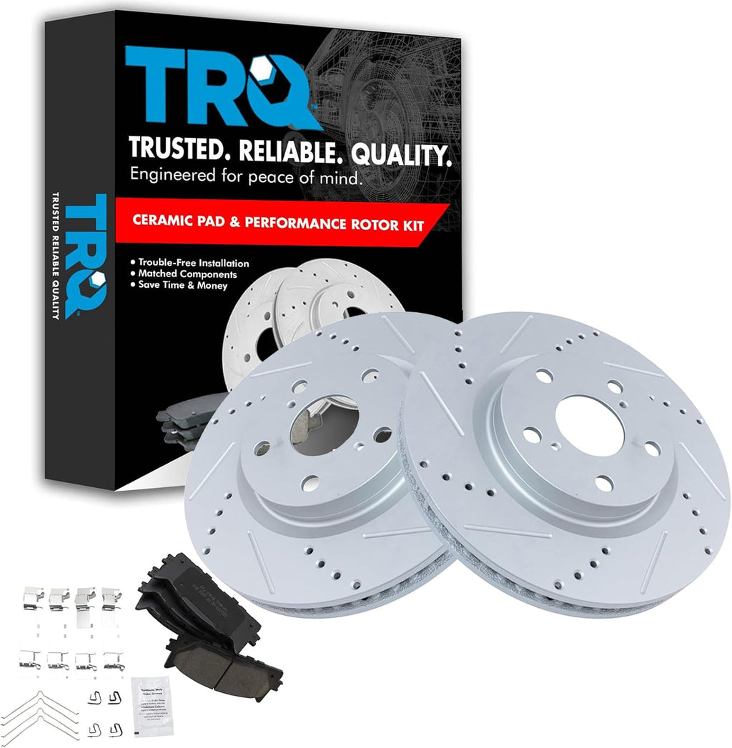 TRQ Performance Front Ceramic Brake Pad and Rotor Set Coated Drilled Slotted Compatible with 13-18 Lexus ES300h 07-18 ES350 08-18 Toyota Avalon 08-17 Camry 07 Camry Japan Built Models 1st VIN Digit J