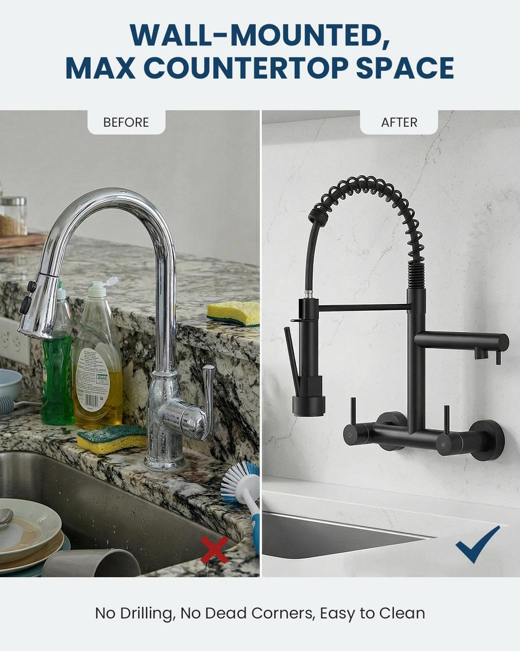 Wall Mount Kitchen Faucet with Pull Down Sprayer, 8 Inch Center Commercial Matte Black Kitchen Sink Faucet, 304 Stainless Steel 2 Handle Sink Faucet for Kitchen