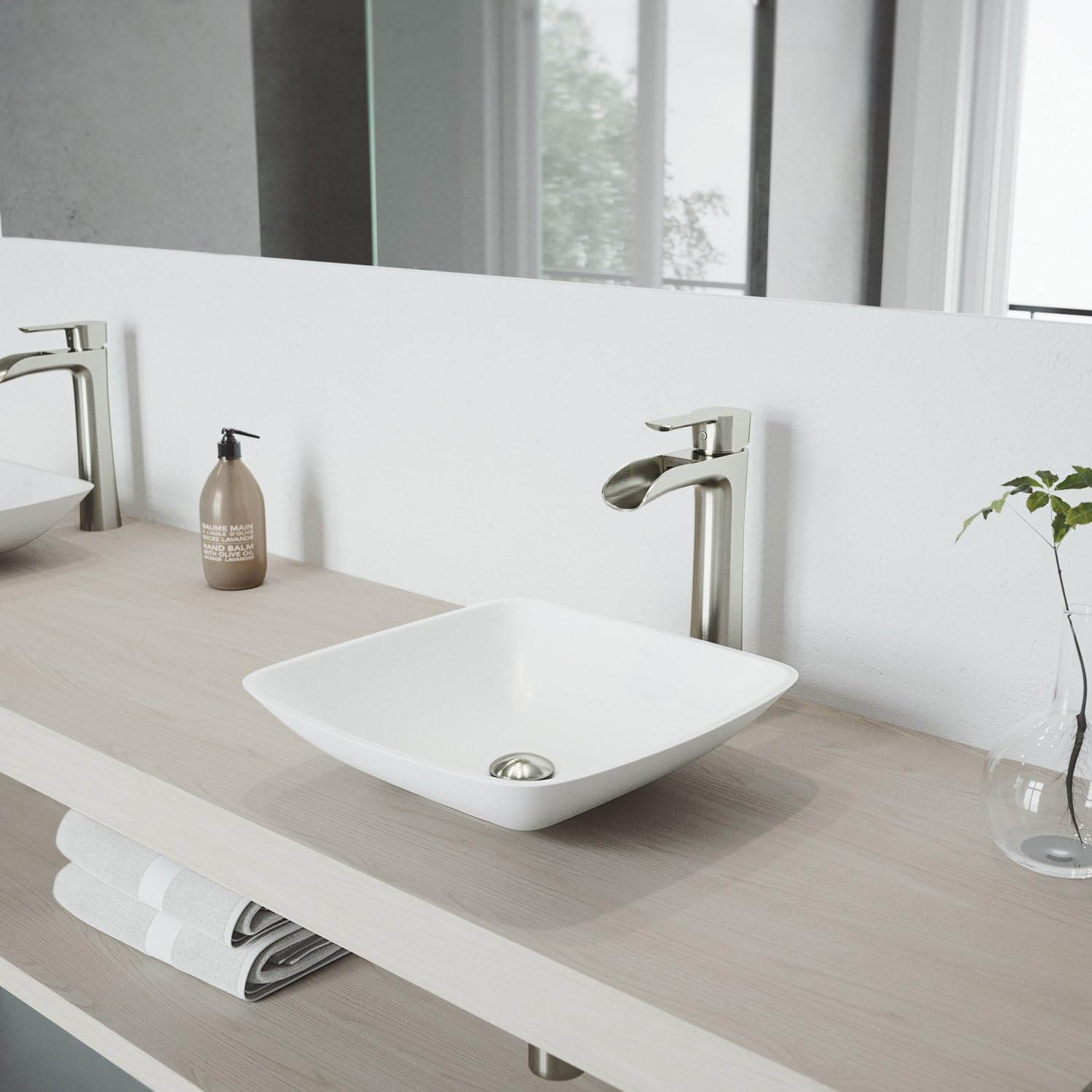 VIGO Niko Waterfall Single-Handle Single-Hole Mount Vessel Bathroom Sink Faucet, 11-Inch, Brushed Nickel, Modern Design, Solid Brass, 1.2 GPM WaterSense & Ceramic Disc Valve - VG03024BN