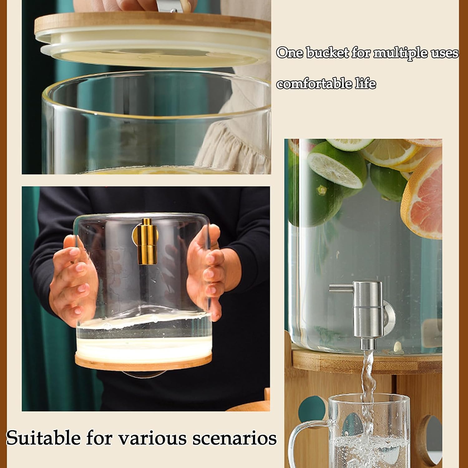 Drink Dispenser,Glass Drinking Dispenser with Lid,Juice Dispenser,Dispenser Jar,Lemonade Jar with Spigot,Suitable for Refrigerator,Suitable for Milk,Juice,Silve(Gold Faucet 5l)