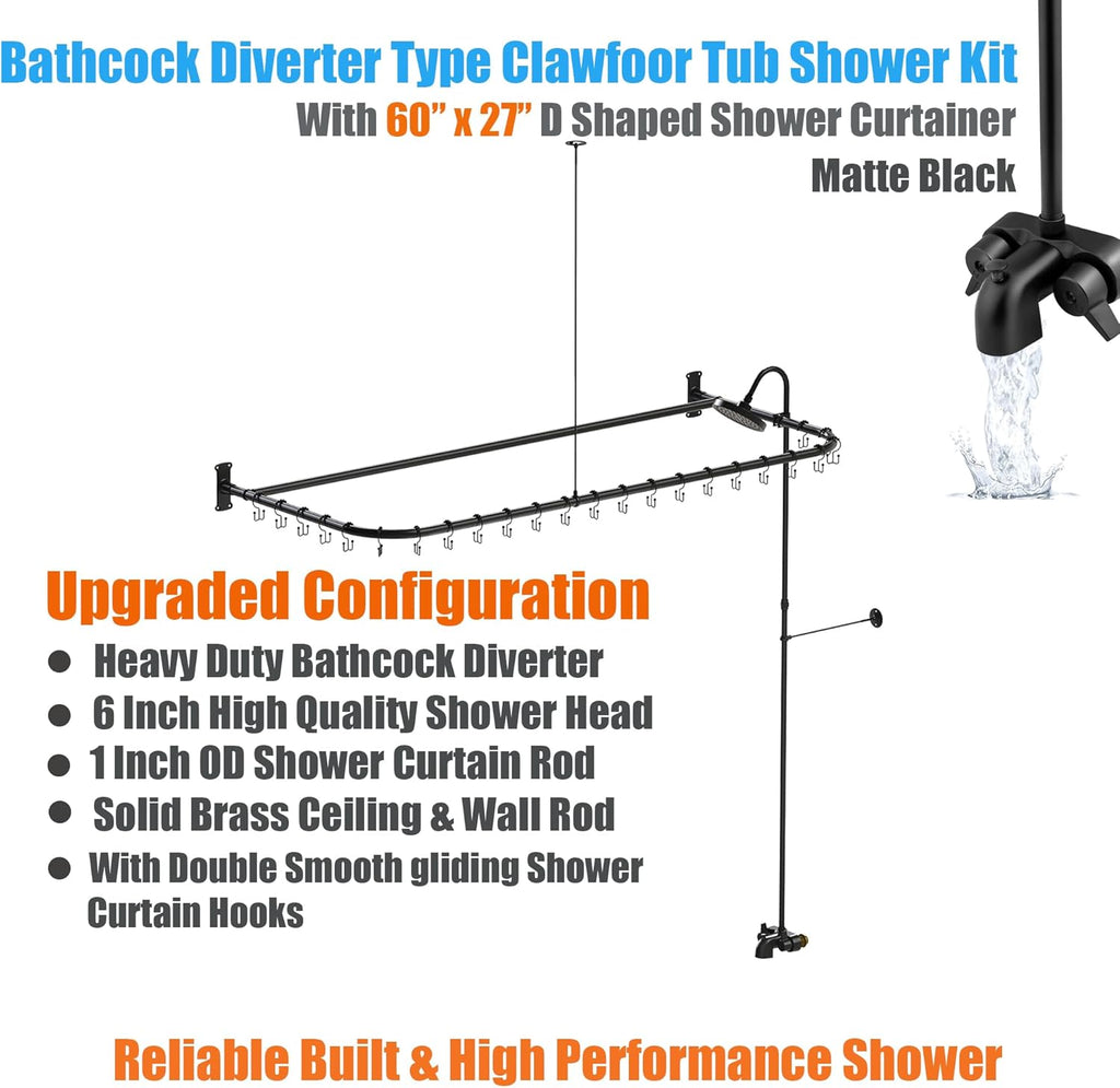 Clawfoot Tub Shower Kit,Add On Shower With Bathcock Diverter Faucet and 60' D Type Claw foot Tub Shower Curtain Rod Kit,D-Style Shower Rod and Clawfoot Tub Shower Faucet Set,Matte Black