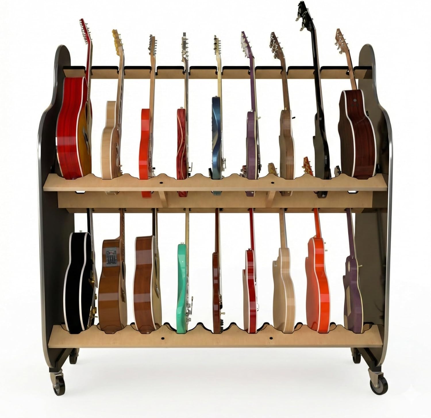 A&S Crafted Products Double-Stack 2-Tier Electric Guitar Rack - The Session-Pro | With Heavy-Duty Wheels and Holds 18 Instruments | Made in U.S.A.
