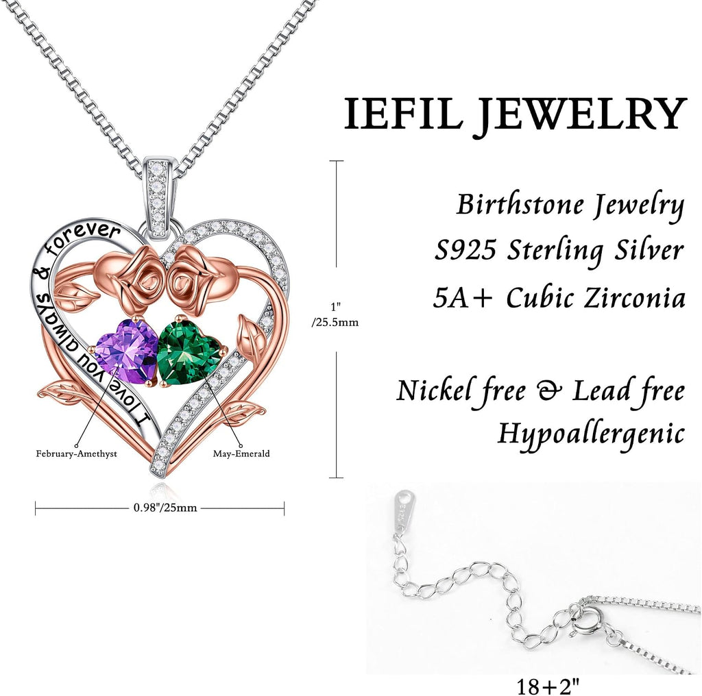Iefil Rose Heart Double Birthstone Necklace Gifts for Wife Girlfriend Her Women, Birthstone Jewelry Gemstone Birthday Gifts for Mom Grandma Her Wife Women