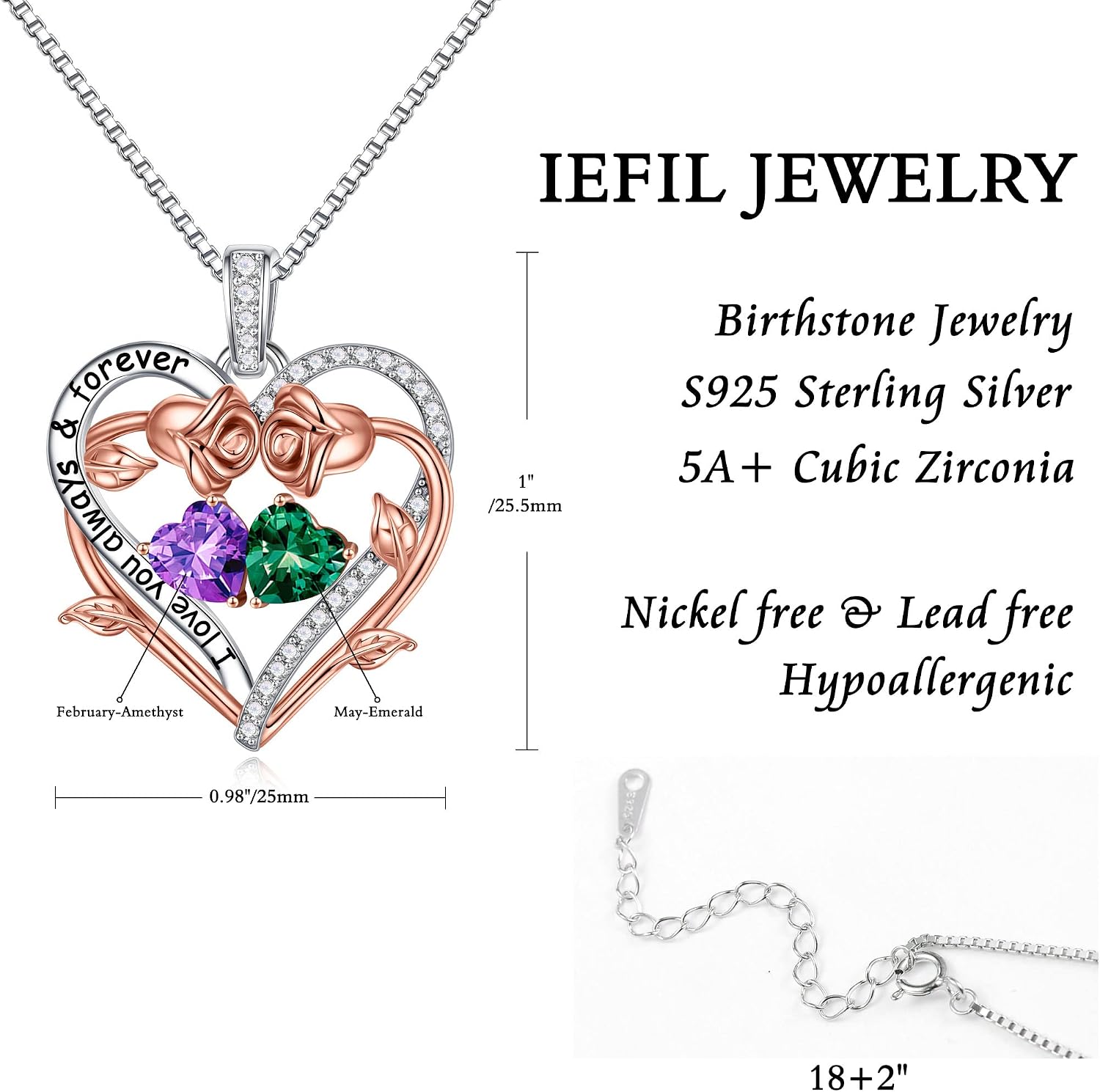 Iefil Rose Heart Double Birthstone Necklace Gifts for Wife Girlfriend Her Women, Birthstone Jewelry Gemstone Birthday Gifts for Mom Grandma Her Wife Women