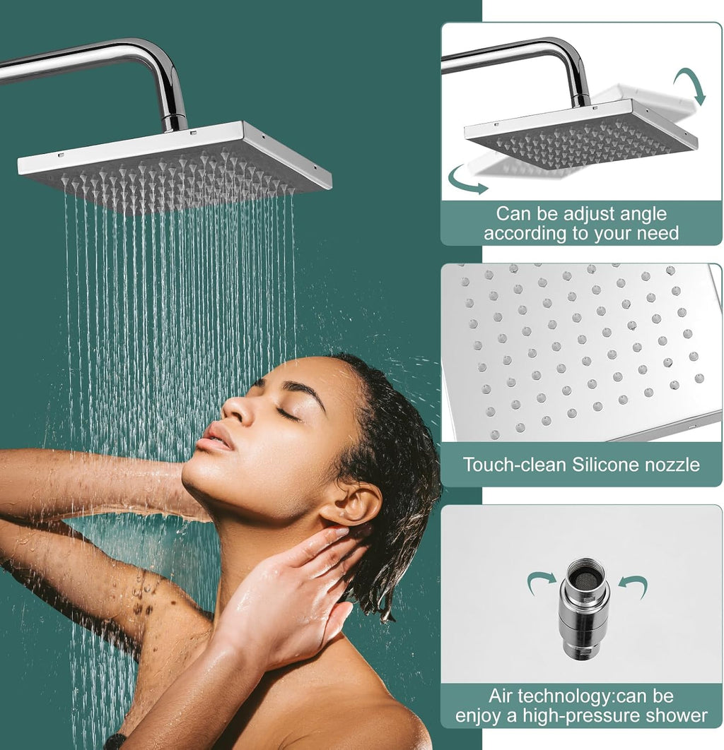 Polish Chrome Exposed Shower System 2 Functional Bathroom Shower Set 8 Inch Square Rainfall Shower Head with Hand Sprayer Wall Mounted