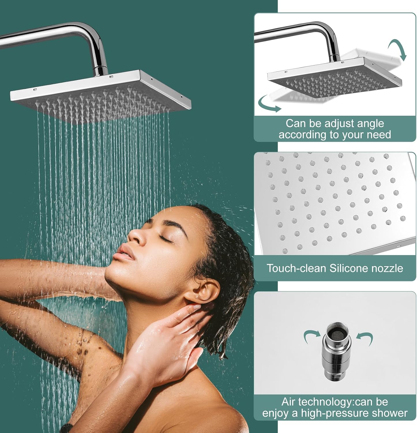 Polish Chrome Exposed Shower System 2 Functional Bathroom Shower Set 8 Inch Square Rainfall Shower Head with Hand Sprayer Wall Mounted