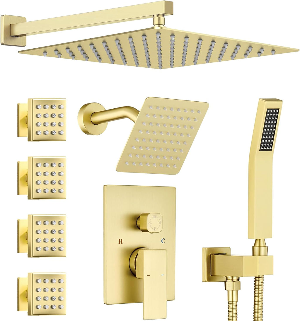 Dual Rainfall Shower Head System with 4 Body Jets, JetsBath Shower Faucet Set Double Shower Head 6-Inch Shower Head & 12' Rain Shower, Luxury Brushed Gold Shower Faucet Set,Wall-Mounted Shower System