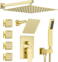 Dual Rainfall Shower Head System with 4 Body Jets, JetsBath Shower Faucet Set Double Shower Head 6-Inch Shower Head & 12' Rain Shower, Luxury Brushed Gold Shower Faucet Set,Wall-Mounted Shower System