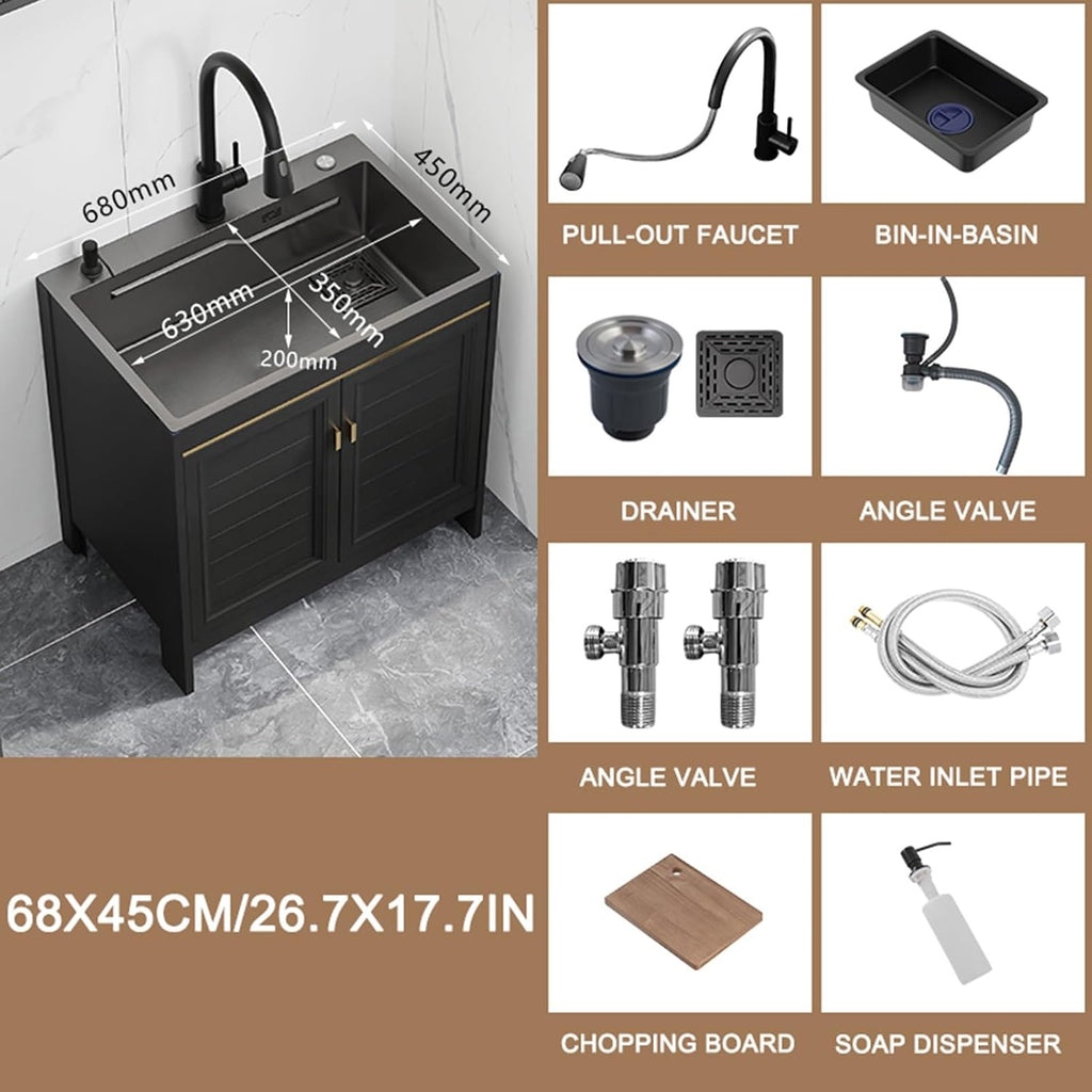 Black Kitchen Sink With Faucet, Hot & Cold Water, Soap Dispenser, Freestanding Cabinet For Living Room, Kitchen, Office, Space-Saving Design-68x45cm/26.7x17.7in