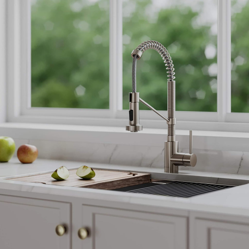 KRAUS Bolden 18-Inch Single Handle Spot Free Stainless Steel Commercial Style Pull-Down Kitchen Faucet with Soap Dispenser, KPF-1610SFS-KSD-43SFS