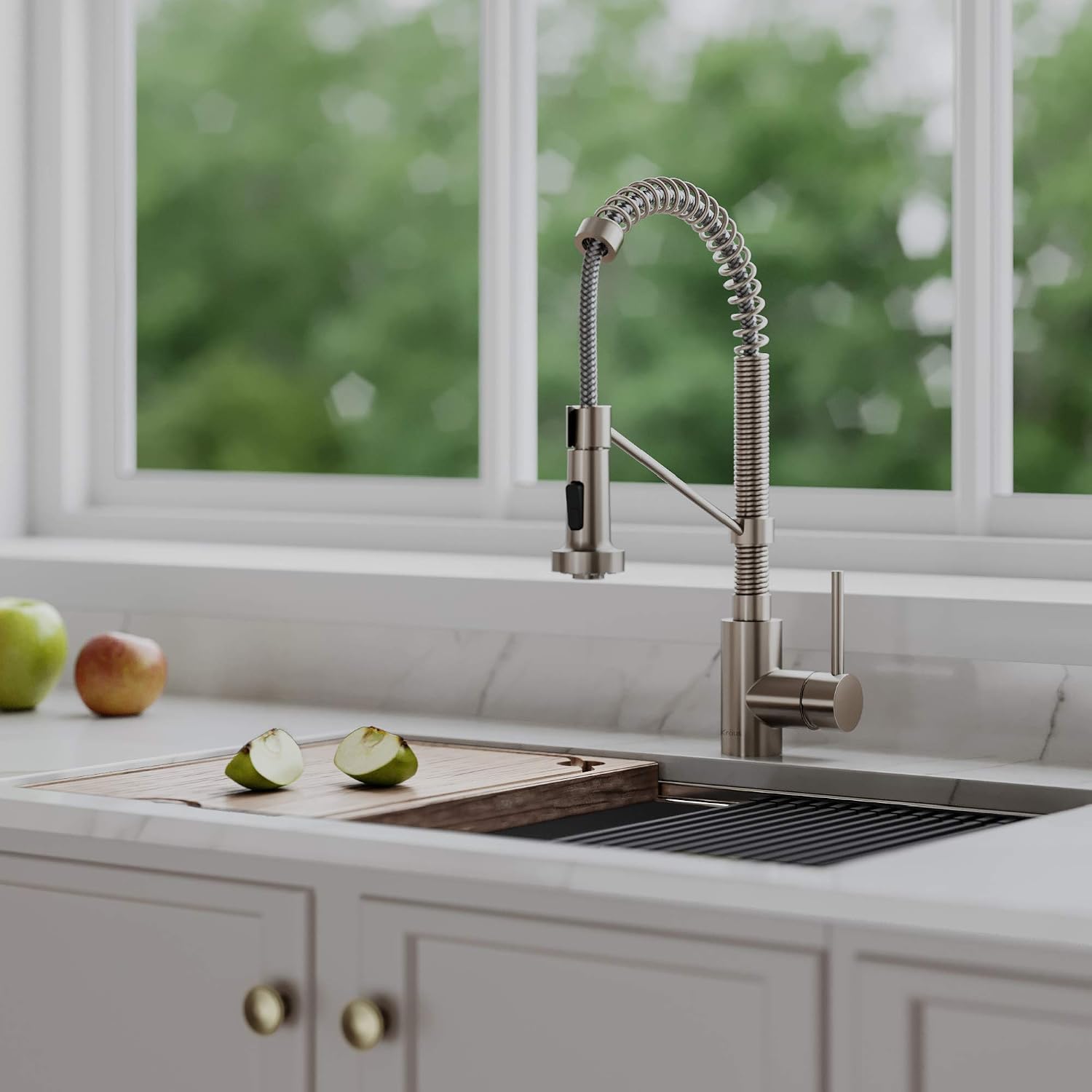 KRAUS Bolden 18-Inch Single Handle Spot Free Stainless Steel Commercial Style Pull-Down Kitchen Faucet with Soap Dispenser, KPF-1610SFS-KSD-43SFS
