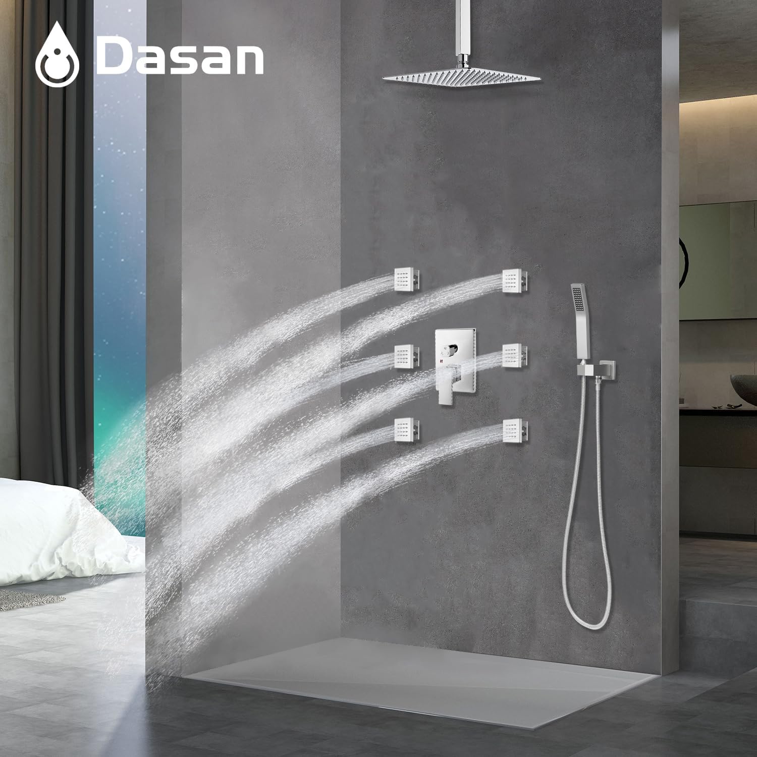 DASAN Full Body Shower System with 6 PCS Body Spray Jets & 12'' Rain Shower Head & Handheld, Ceiling Mount Rain Shower System Polished Chrome Shower Faucets Sets Complete with Valve, SA-SS03ACH-S12C