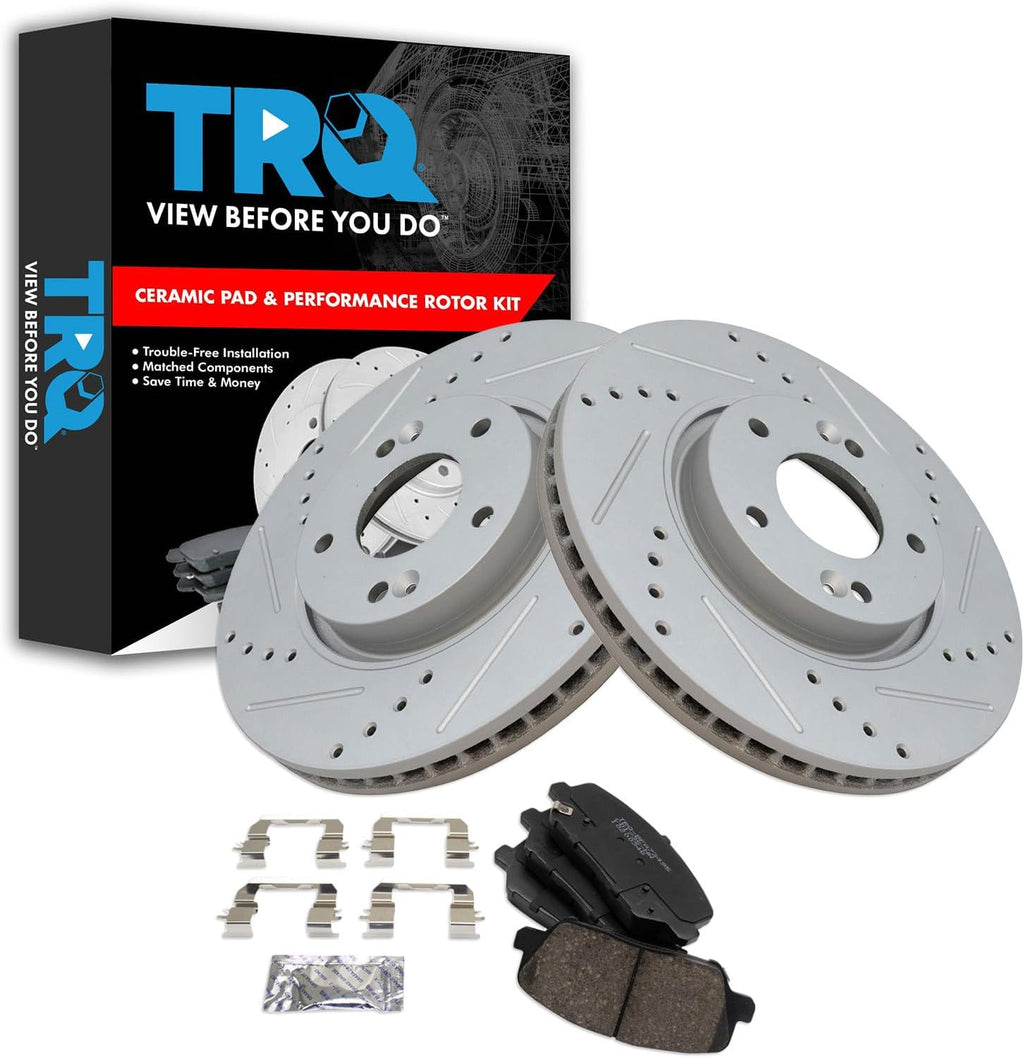 TRQ Performance Front Ceramic Brake Pad and Rotor Set Compatible with 13-16 Hyundai Veloster Turbo 14-16 Kia Forte Koup SX 15-16 Forte5 SX with 300 mm Diameter Front Rotors