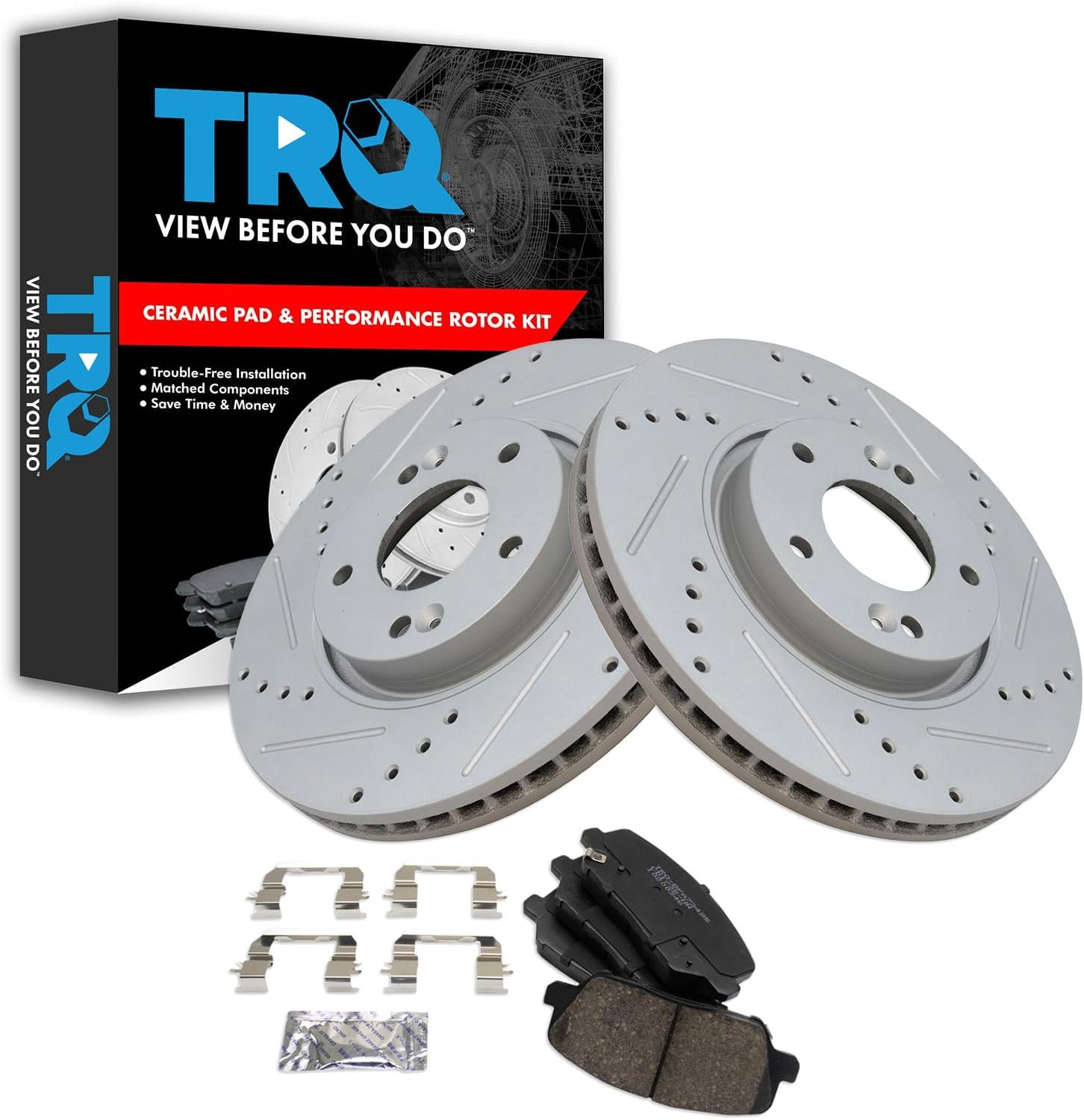 TRQ Performance Front Ceramic Brake Pad and Rotor Set Compatible with 13-16 Hyundai Veloster Turbo 14-16 Kia Forte Koup SX 15-16 Forte5 SX with 300 mm Diameter Front Rotors