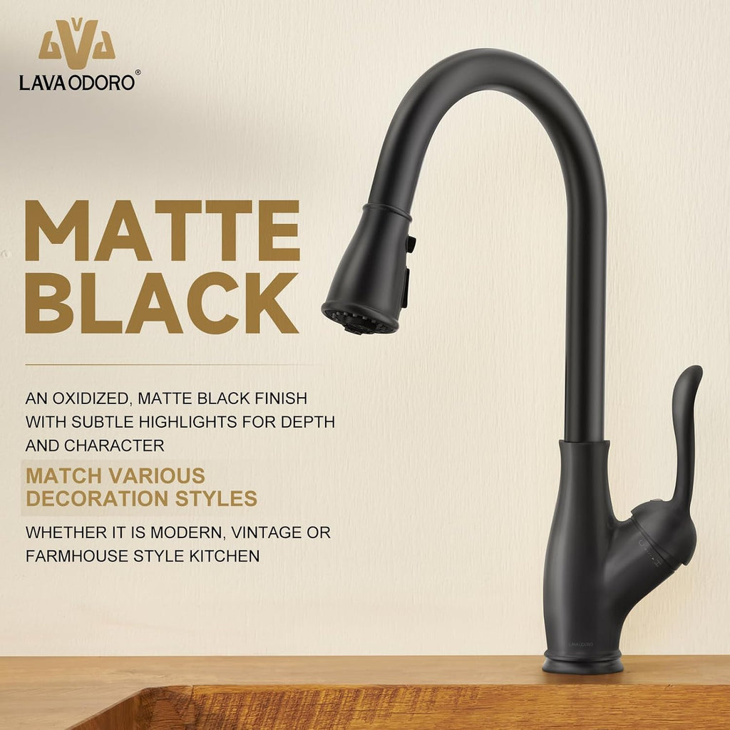 Black Kitchen Faucet with Pull Down Sprayer, Lava Odoro Matte Black Kitchen Sink Faucet with Magnetic Docking Spray 3-Function, Faucet for Kitchen Sink 1 Hole and 3 Hole with Deck Plate, KF271-MB