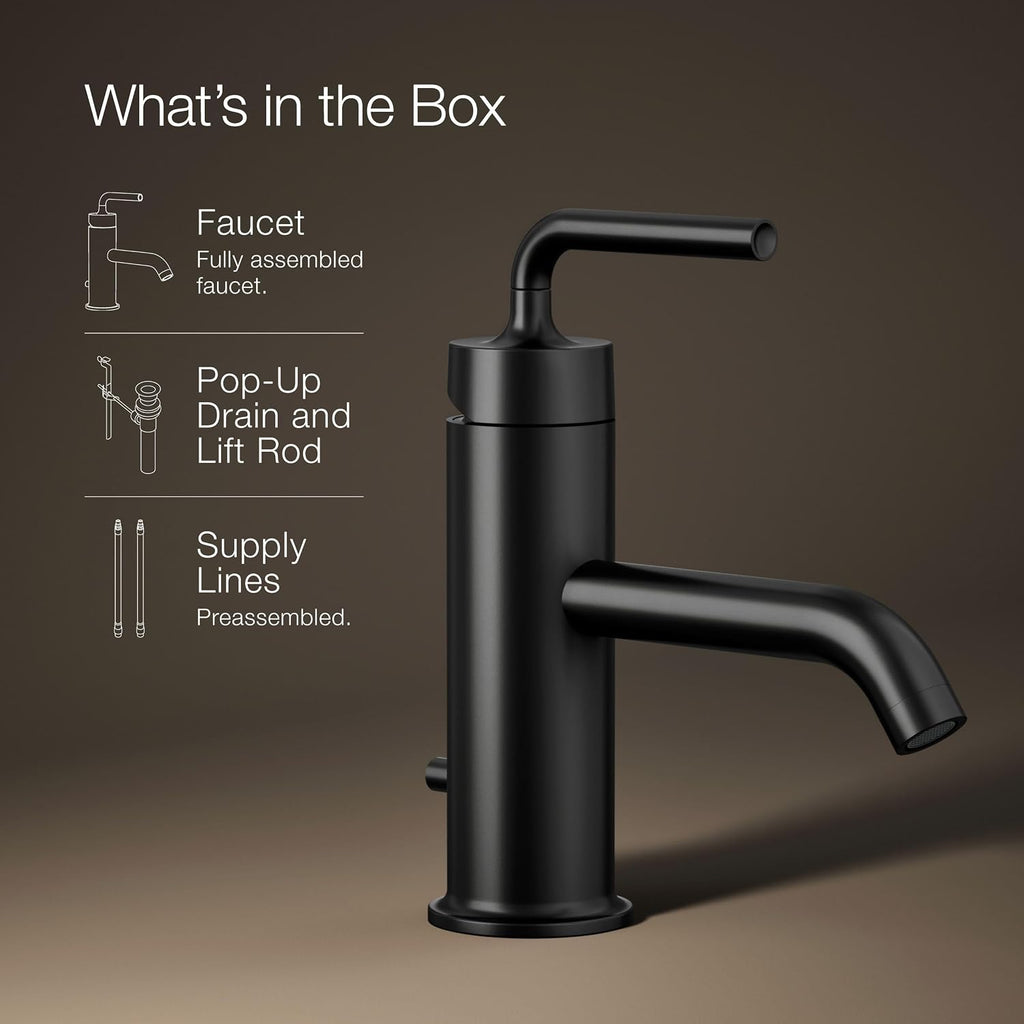 KOHLER K-14402-4A-BL Purist® Single-Handle Bathroom Sink Faucet, Straight Lever Handle, Bathroom Faucets, 1.2 GPM, Matte Black