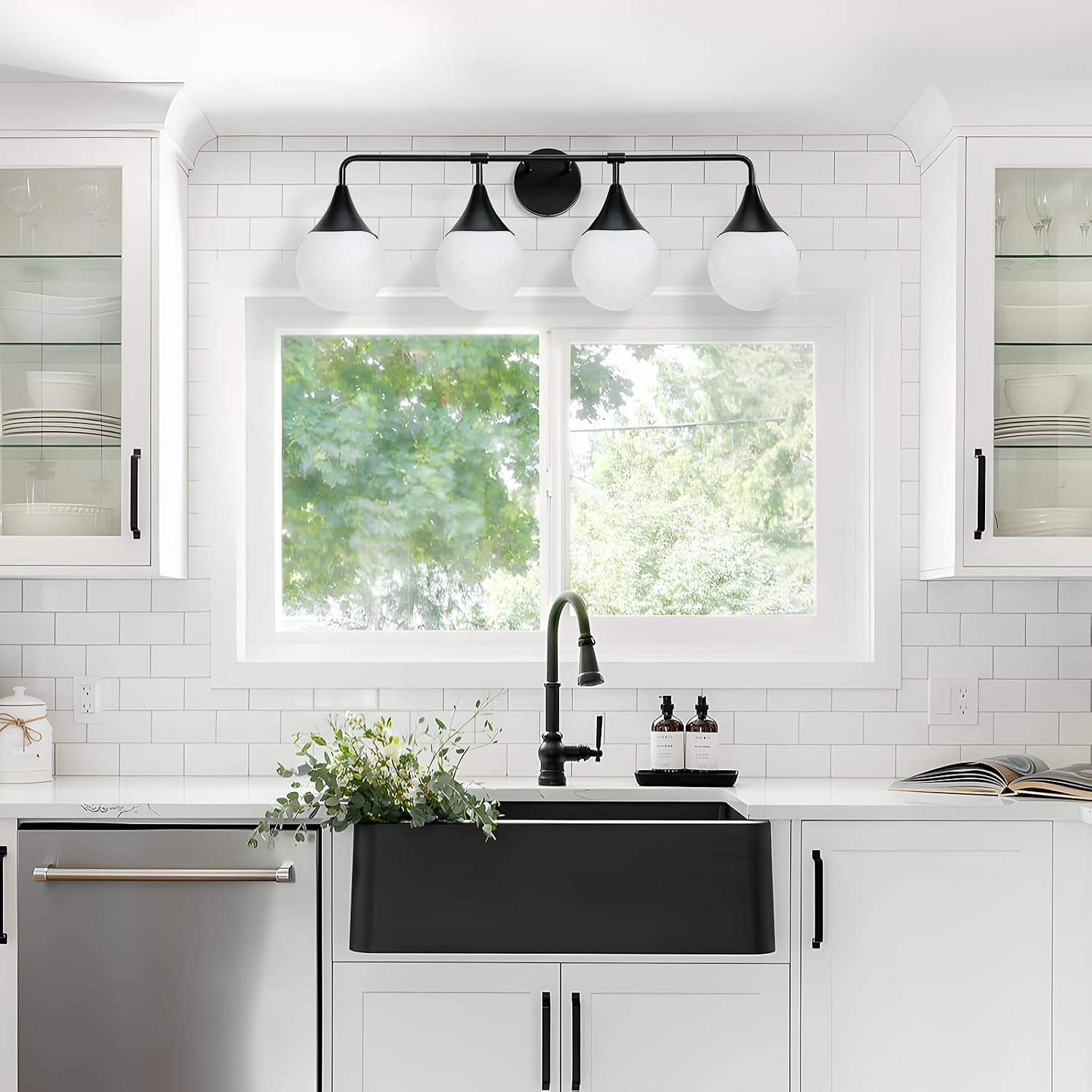 Bathroom Vanity Light Fixtures: 4-Light Mid Century Modern Bathroom Lighting Fixtures Over Mirrors - Matte Black Wall Sconce with Milky Glass Ball Shade for Bath Bedroom