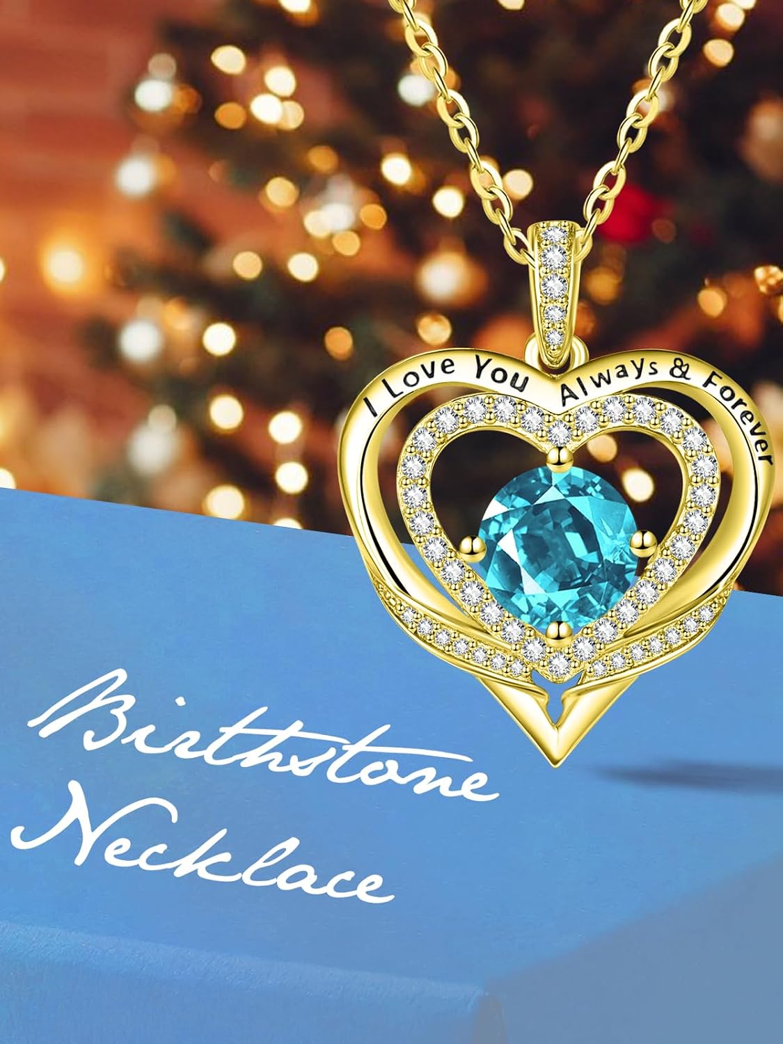 14K Gold Heart Necklaces for Women with Birthstone Pendant ，Double Hearts Necklace Jewelry Gift for Girlfriend Mom Anniversary Birthday Adjustable Chain 18' + 2' 'I Love You Always & Forever