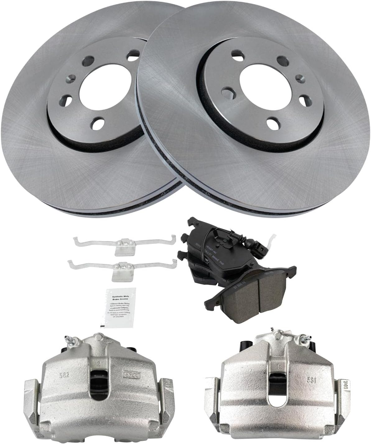 TRQ Front Brake Pad and Rotor Set Semi Metallic Vented Rotors Calipers Compatible with 2005 Volkswagen Jetta