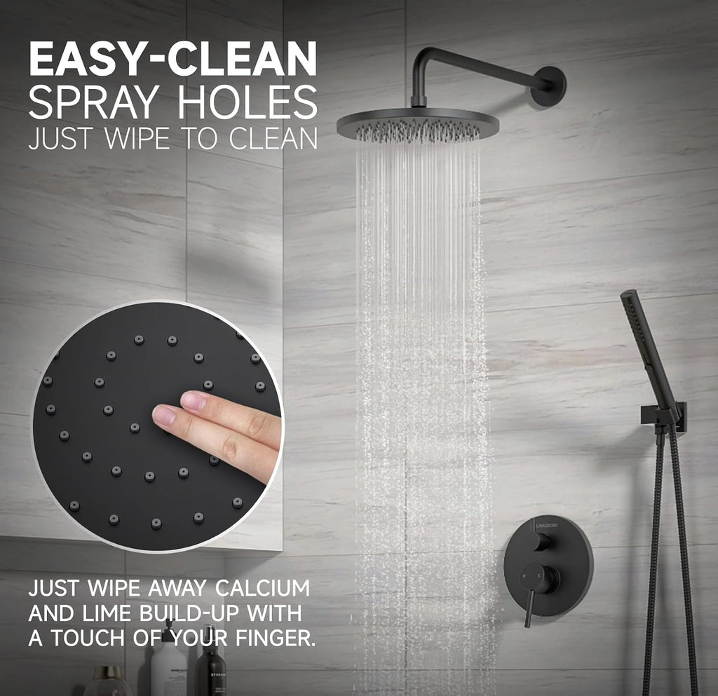 Lava Odoro Modern 2-Setting Round Rain Shower System with Handheld, Matte Black Rainfall Shower Faucet Set Rain Shower Head and Handle Set, Shower Valve Trim Kit, 10 Inch, Matte Black, SF104-MB