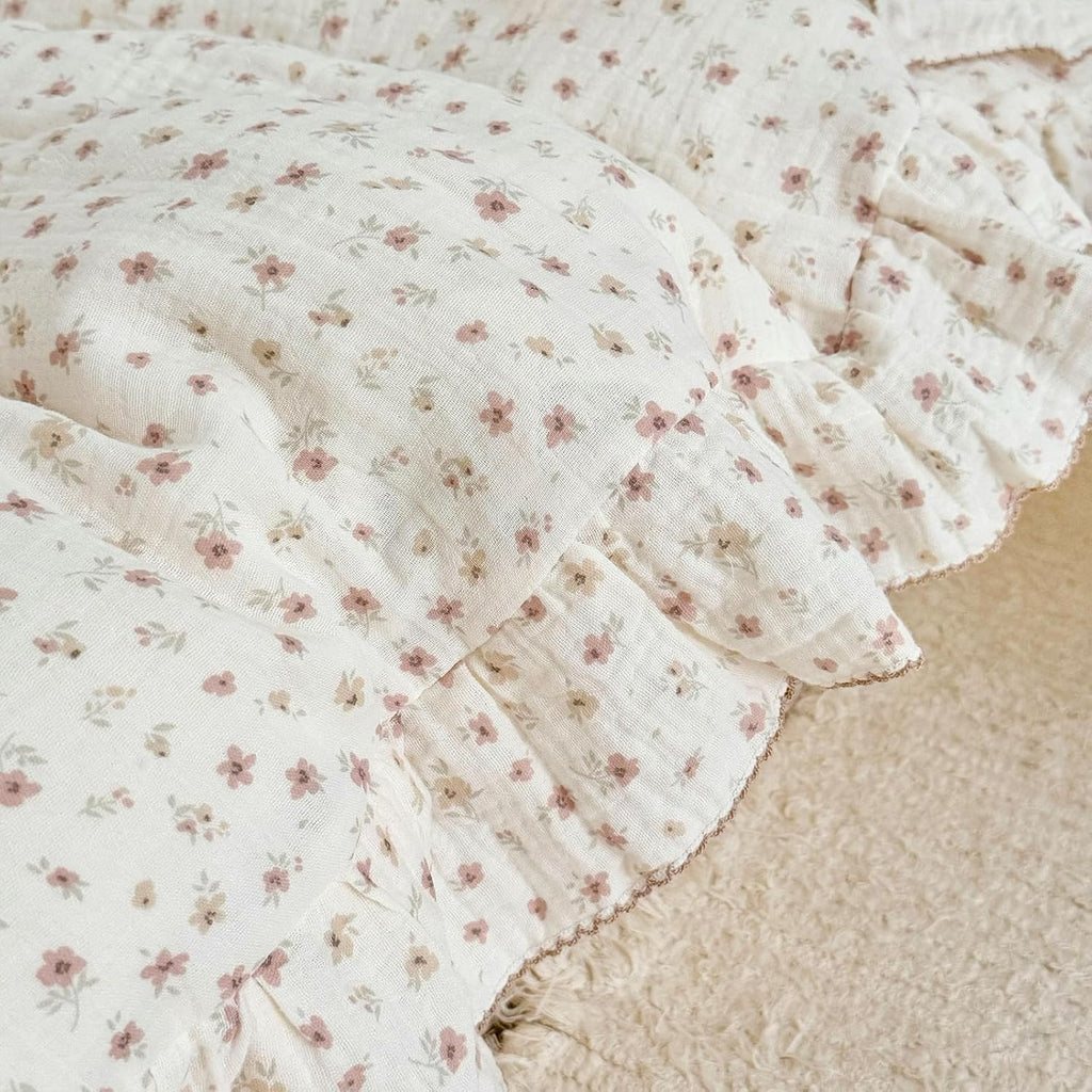 BuLuTu Pink Floral Duvet Cover King with Ruffles, 2-Layer Cotton Muslin Bedding Set Soft Breathable Comforter Cover, Shabby Chic Princess Quilt Cover with 2 Pillowcases