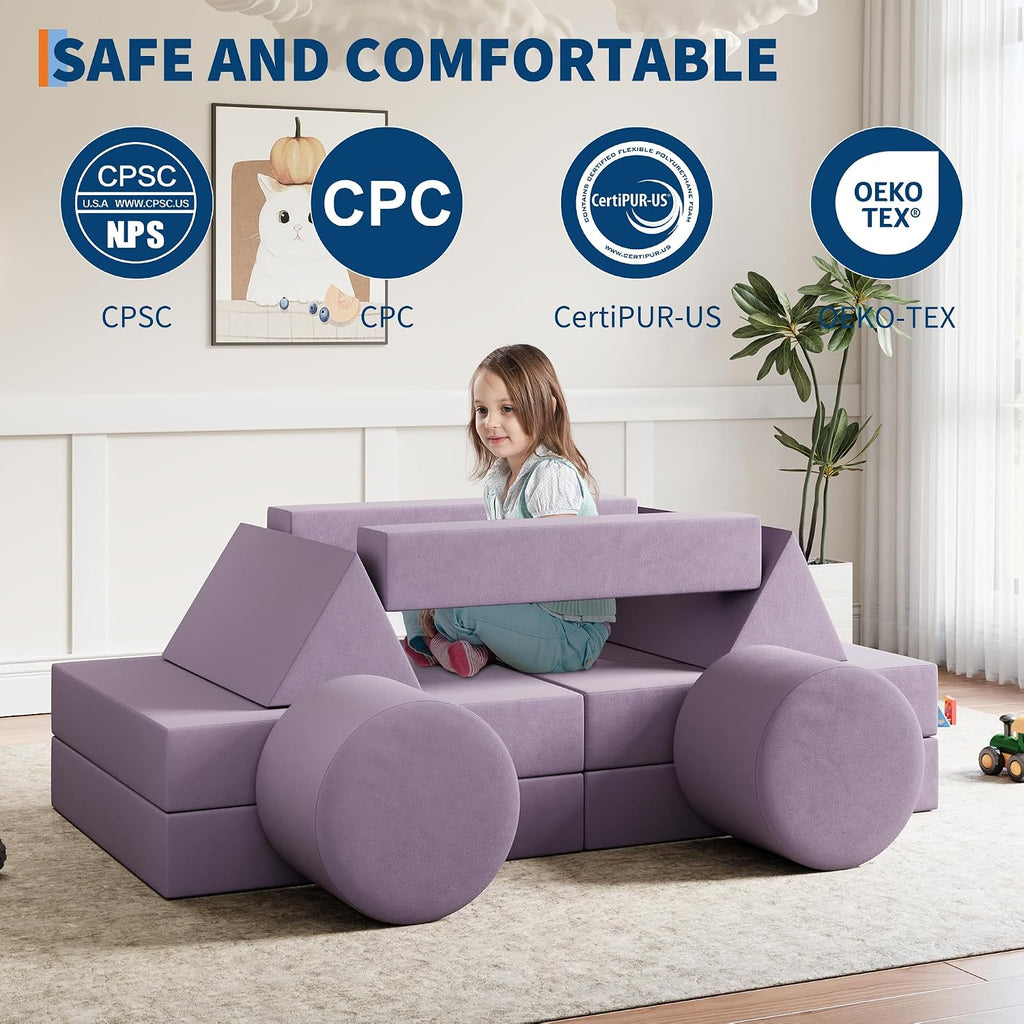Kids Modular Play Couch, 13 Pcs Toddler Couch With Washable Velvet Covers, Building Fort Toddler Sofa Set, Convertible Foam Floor Chair for Playroom, Living Room