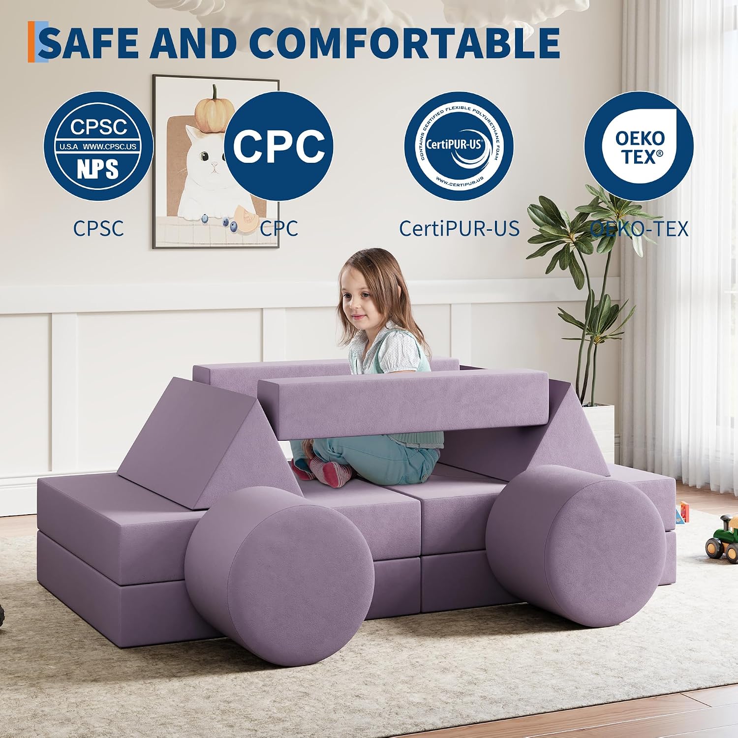 Kids Modular Play Couch, 13 Pcs Toddler Couch With Washable Velvet Covers, Building Fort Toddler Sofa Set, Convertible Foam Floor Chair for Playroom, Living Room