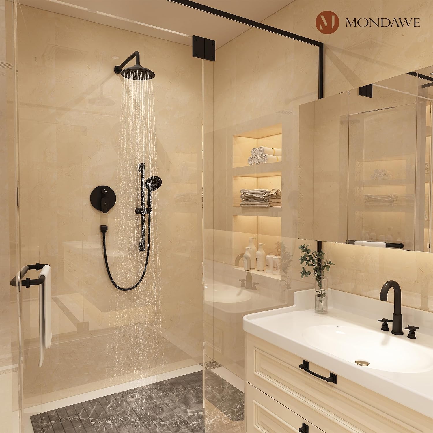 MONDAWE 8 Inch Wall Mounted Shower Faucet Set in Matte Black, Rainfall Shower Head with 3-Setting Handheld Spray Shower Set Combo, High Pressure Shower System with Solid Brass Valve