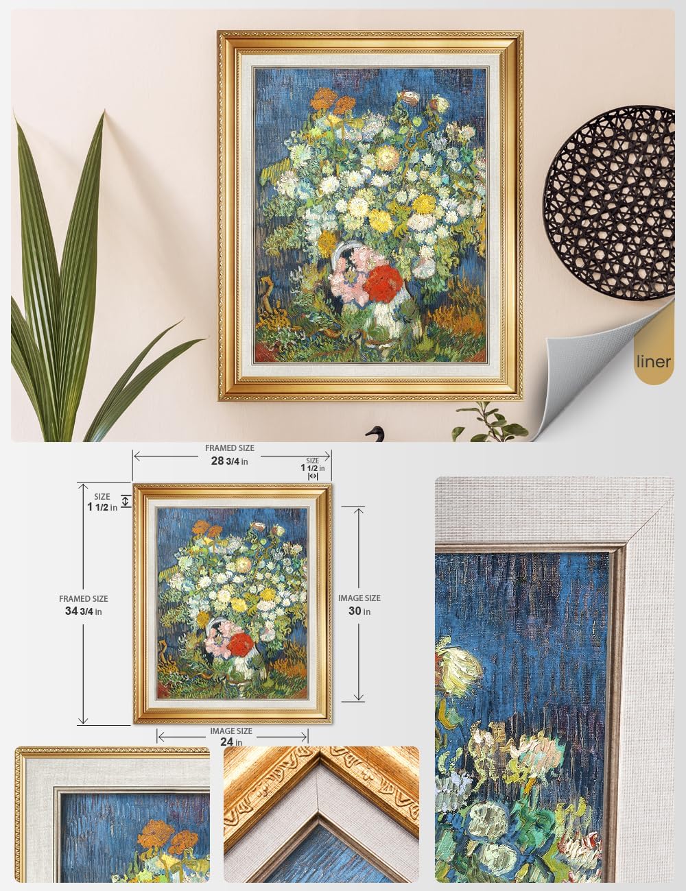 IPIC - Bouquet of Flowers in a Vase, Vincent Van Gogh Art Reproduction. Giclee Canvas Prints Wall Art with classic golden frame. Screen Size:30X24