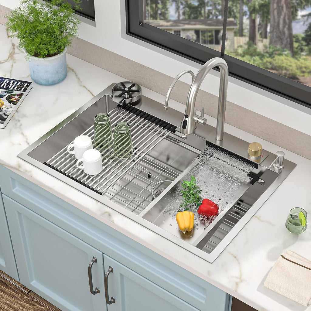 33'x22' Drop In Waterfall Kitchen Sink - 16 Gauge 304 Stainless Steel Top Mount Multifunctional Single Bowl Smart Workstation Waterfall Sink with Faucet Combo, Glass Rinser