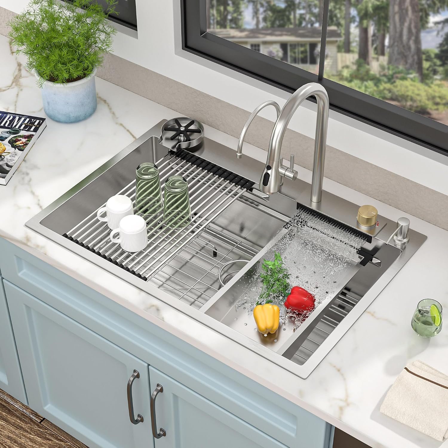33'x22' Drop In Waterfall Kitchen Sink - 16 Gauge 304 Stainless Steel Top Mount Multifunctional Single Bowl Smart Workstation Waterfall Sink with Faucet Combo, Glass Rinser