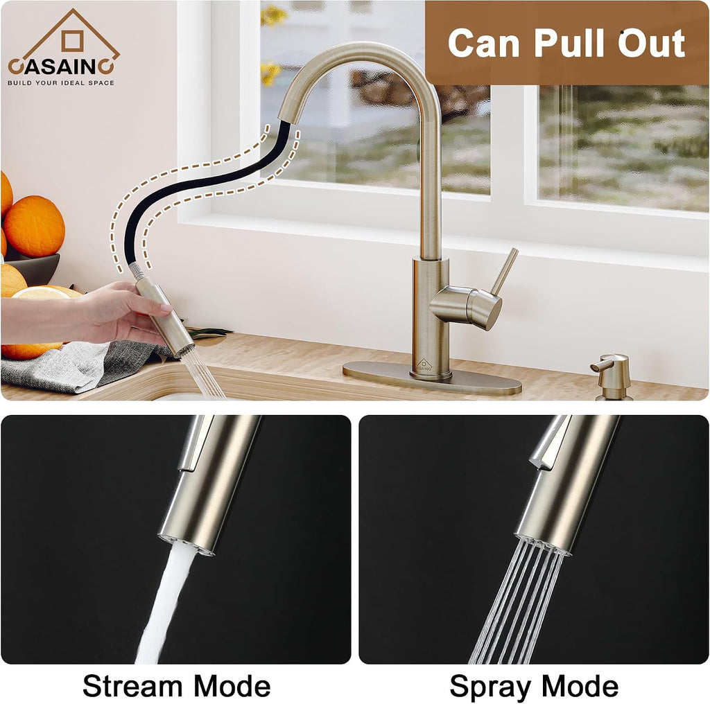 CASAINC Kitchen Faucet with Pull Down Sprayer Brushed Nickel, 1.8 gpm 16.89in H Touchless Motion Sensor Single Handle Kitchen Sink Faucet, Lead-Free Copper for Bar/Laundry/Kitchen Sink
