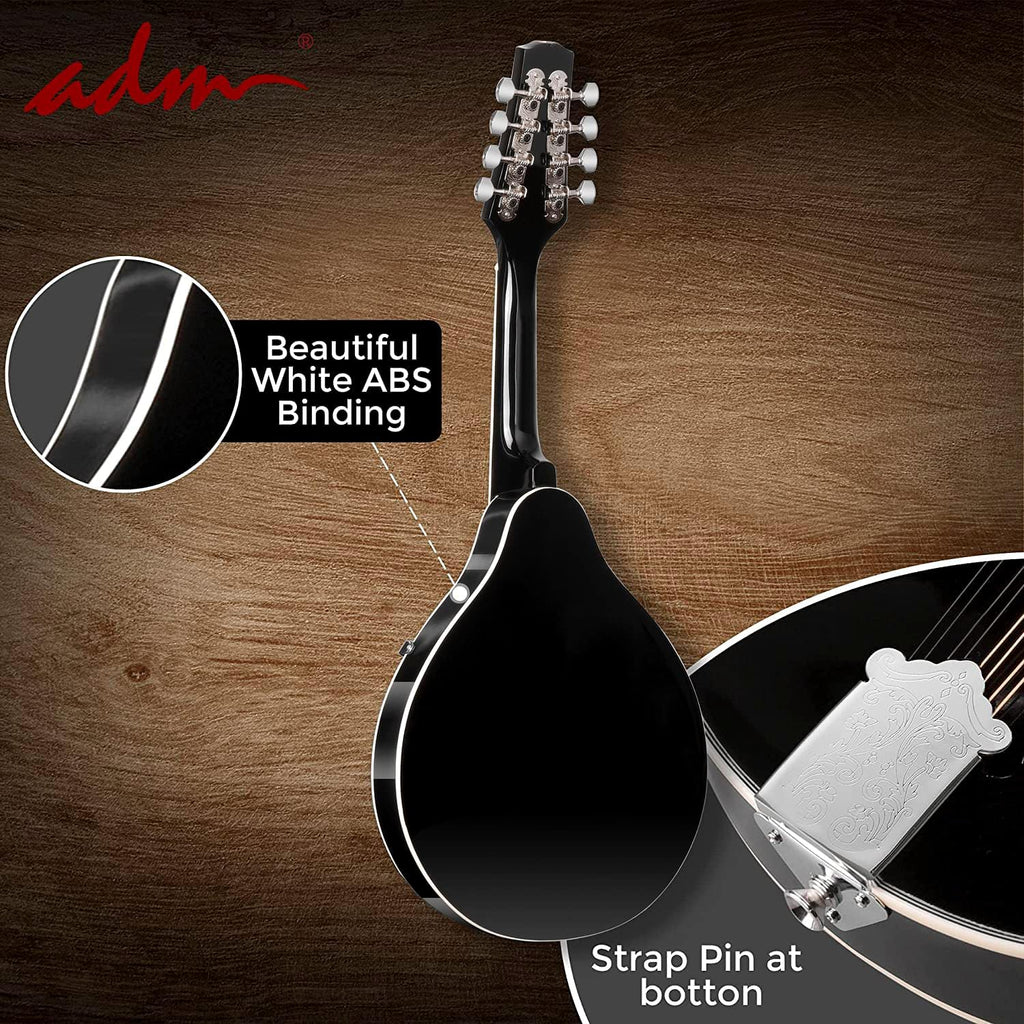 ADM Acoustic Mandolin Instrument Kit Music A Style for Kids Students Adults Wood Mandolins Beginner Set With Bag, Tuner, Pick-up, Strap, Strings, Picks and Hanger, Drak Black