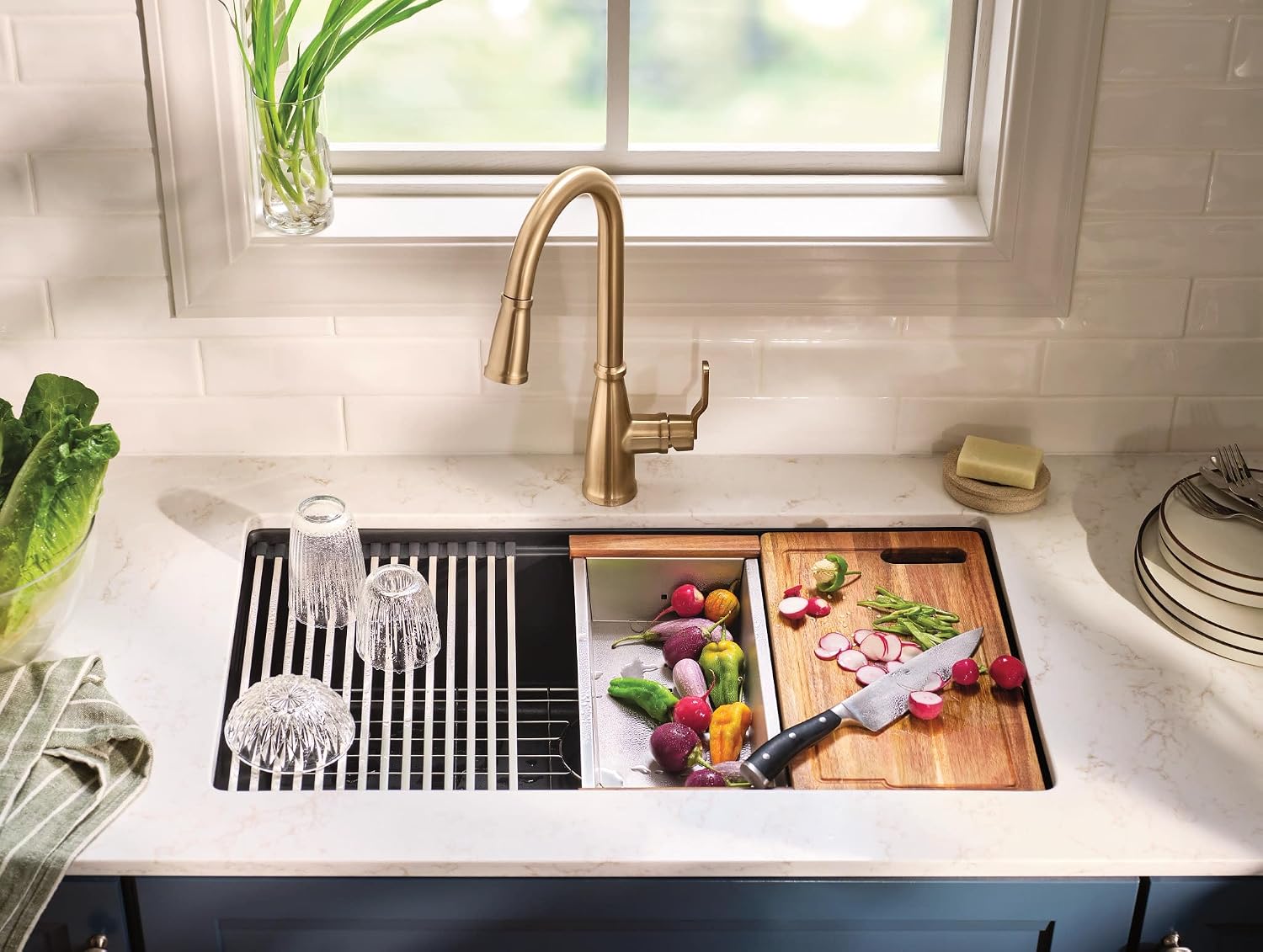 Moen 87071BZG Nolia One-Handle Pull-Down Kitchen Faucet with Power Boost, Soap Dispenser Included, High Arc, 1 or 3 Hole Installation, Brushed Gold