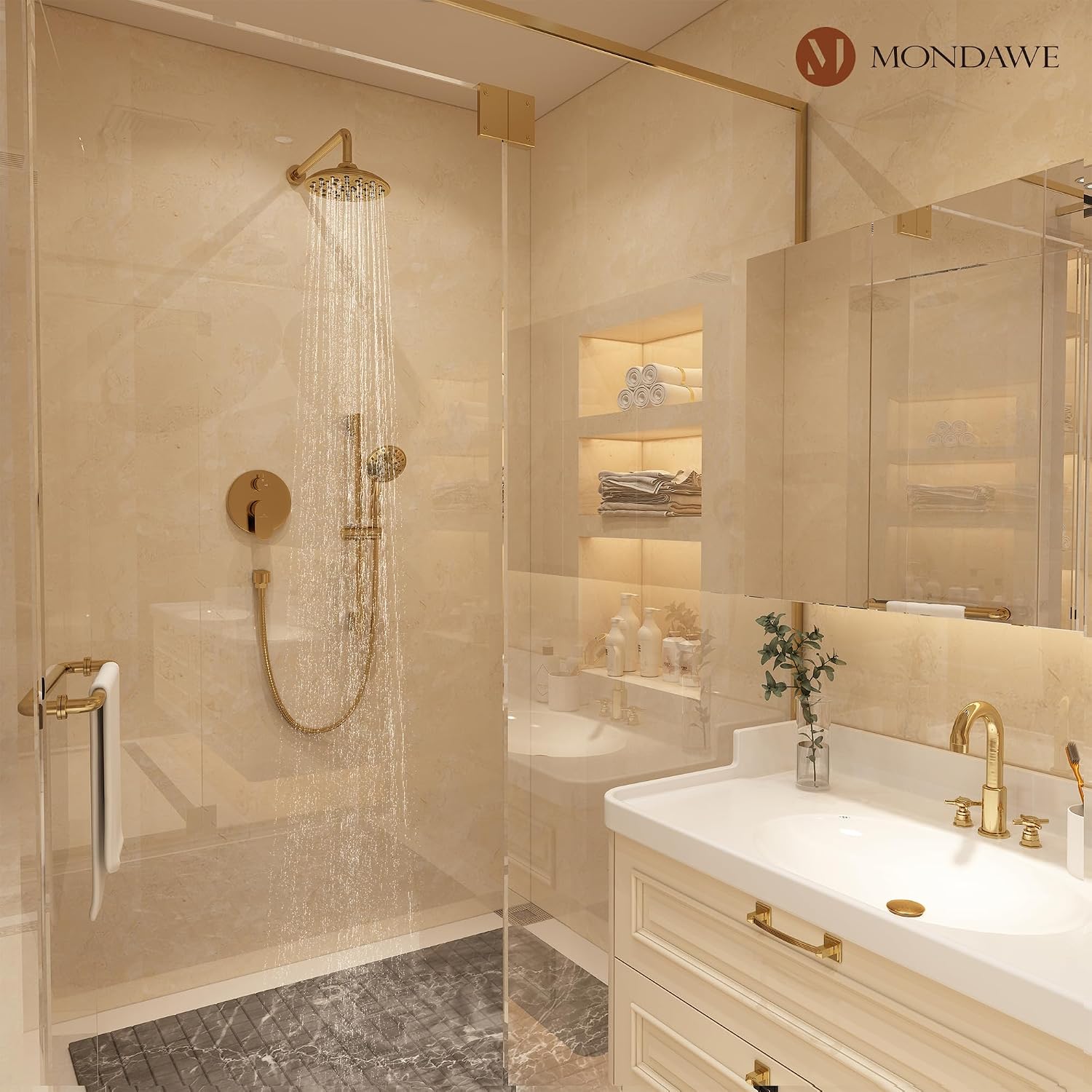 MONDAWE 8 Inch Wall Mounted Shower Faucet Set in Brushed Gold, Rainfall Shower Head with 3-Setting Handheld Spray Shower Set Combo, High Pressure Shower System with Solid Brass Valve