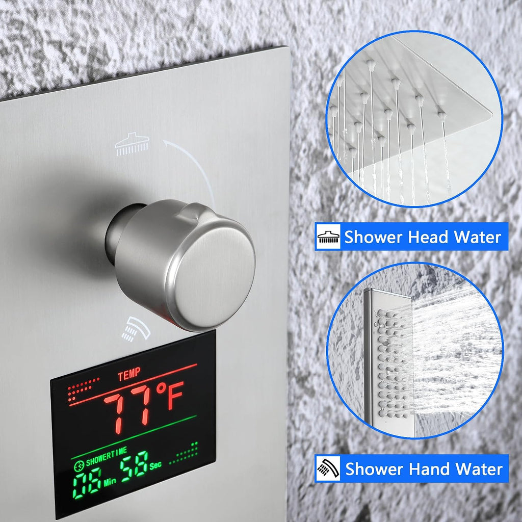 SKWOLL Shower Faucet Sets with Hydro Power Temperature Display, Brushed Nickel 12 Inch Shower Head Combo Kit, 2 Function Wall Mounted Shower Fixtures with Digital Shower Valve