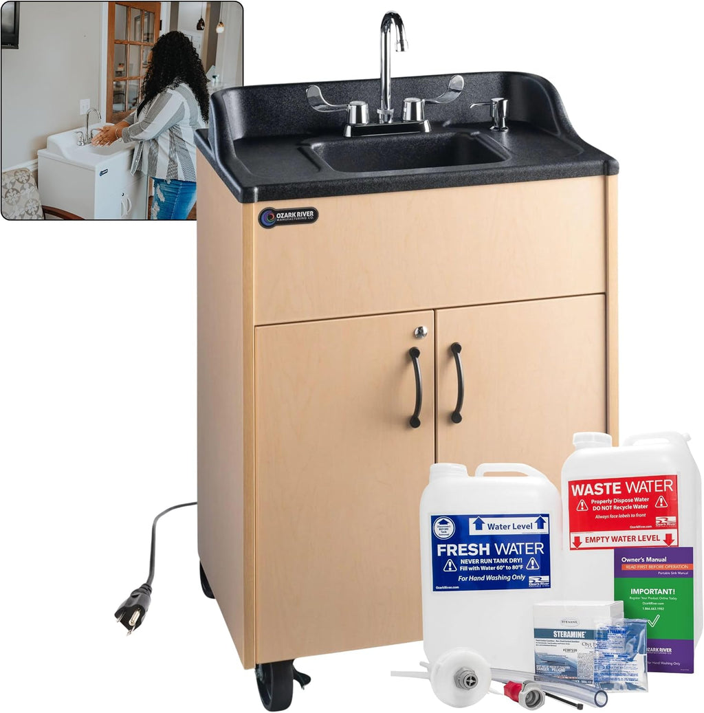 Ozark River Portable Sinks Premier Maple & Clean Start Kit Bundle, Maple Laminate-ABS, Portable Sink with Hot Water, Self-Contained Sink, Portable Hand Washing Station, 110V