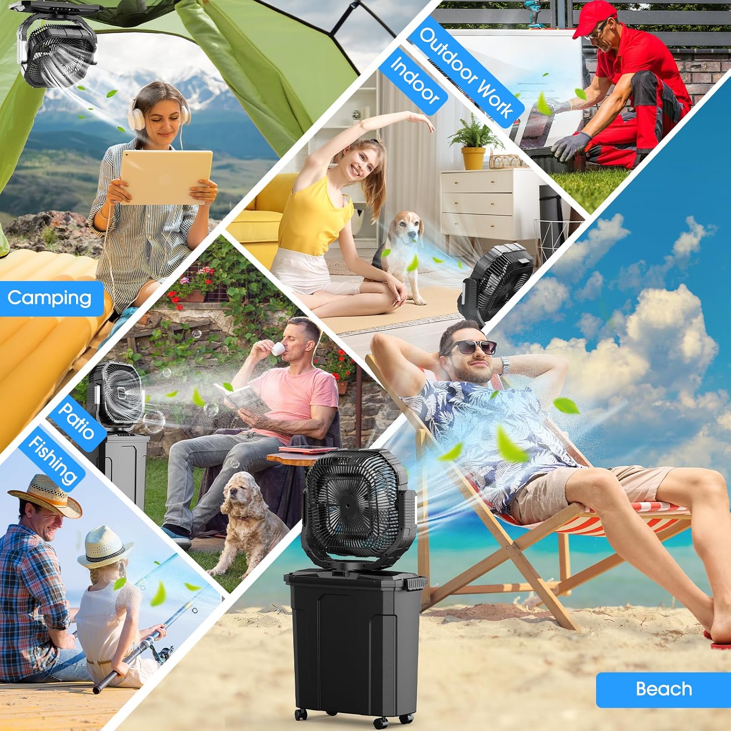 Ausic 5 Gal 12' Portable Misting Fan for Outside Patios, 30000mAh Outdoor Rechargeable Battery Oscillating Fan with Remote, Cooling Dugout Water Fan with Caster/LED Light/Timer, Camping Essential