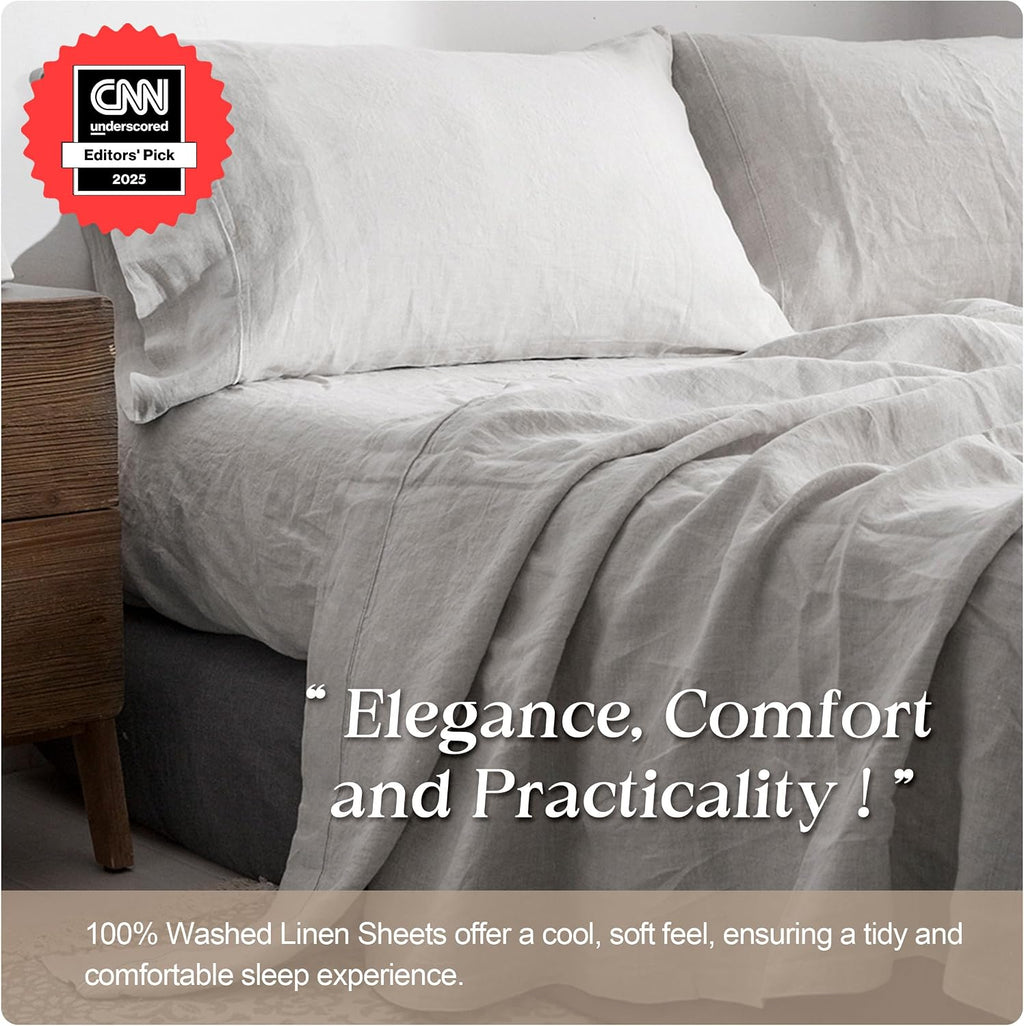 Simple&Opulence 100% Pure Linen Sheet Set Queen Size, Natural French Flax Solid Color 4 Pcs Washed Breathable, Farmhouse Bedding (1 Flat Sheet,1 Fitted Sheet,2 Pillowcases)-Embroidery Grey