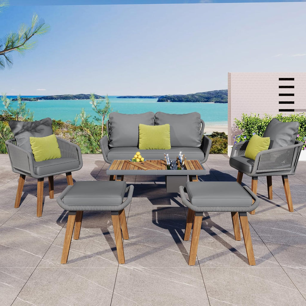6-Piece Rope Patio Furniture Set, Outdoor Furniture with Acacia Wood Cool Bar Table with Ice Bucket, Deep Seat Patio Conversation Set with Two Stools for Backyard Porch Balcony (Grey-001)