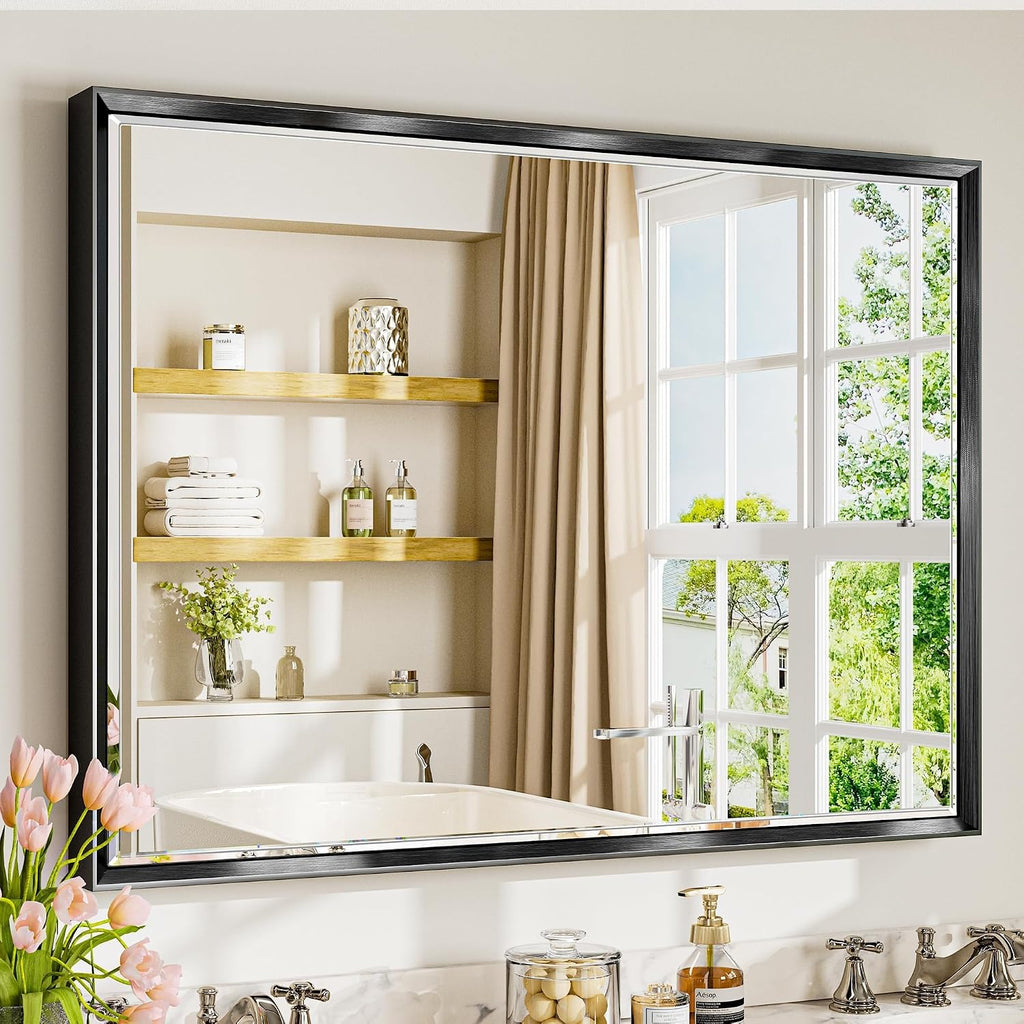 40 x 30 Black Framed Mirror for Bathroom, Beveled Black Bathroom Vanity Mirror Anti-Rust, Shatterproof Matte Black Rectangle Metal Frame Mirror, Vertical/Horizontal Large Wall-Mounted Mirrors