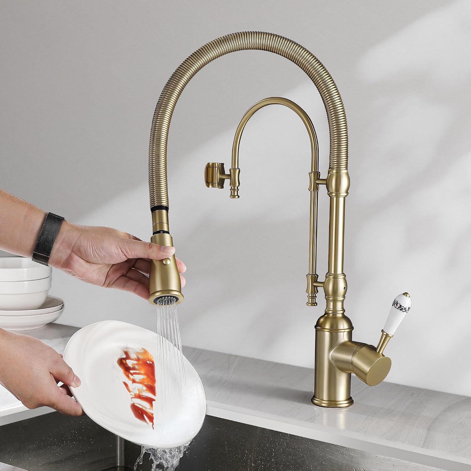 Antique High Arc Classical Single Handle Spring Kitchen Faucet with Pull Down Sprayer, Swiveling Commercial Kitchen Sink Faucets for Farmhouse, Vintage Sink Faucet, Brushed Gold