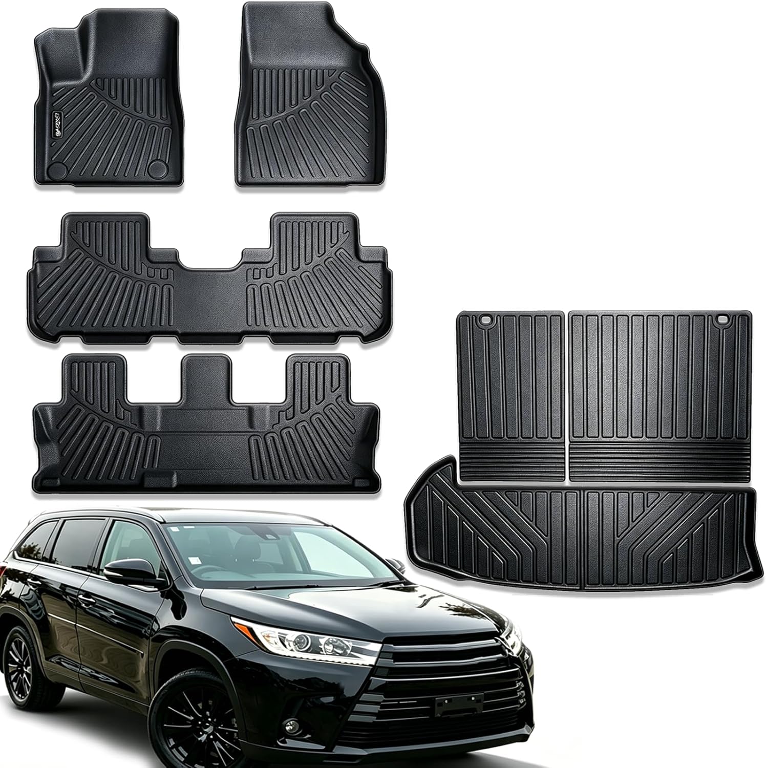 Floor Mats & Cargo Liners & Backrest Mat for 2014-2019 Toyota Highlander 7&8 Seats TPE All Weather Protection Car Floor Mats with Trunk Mat Covering The Backrest