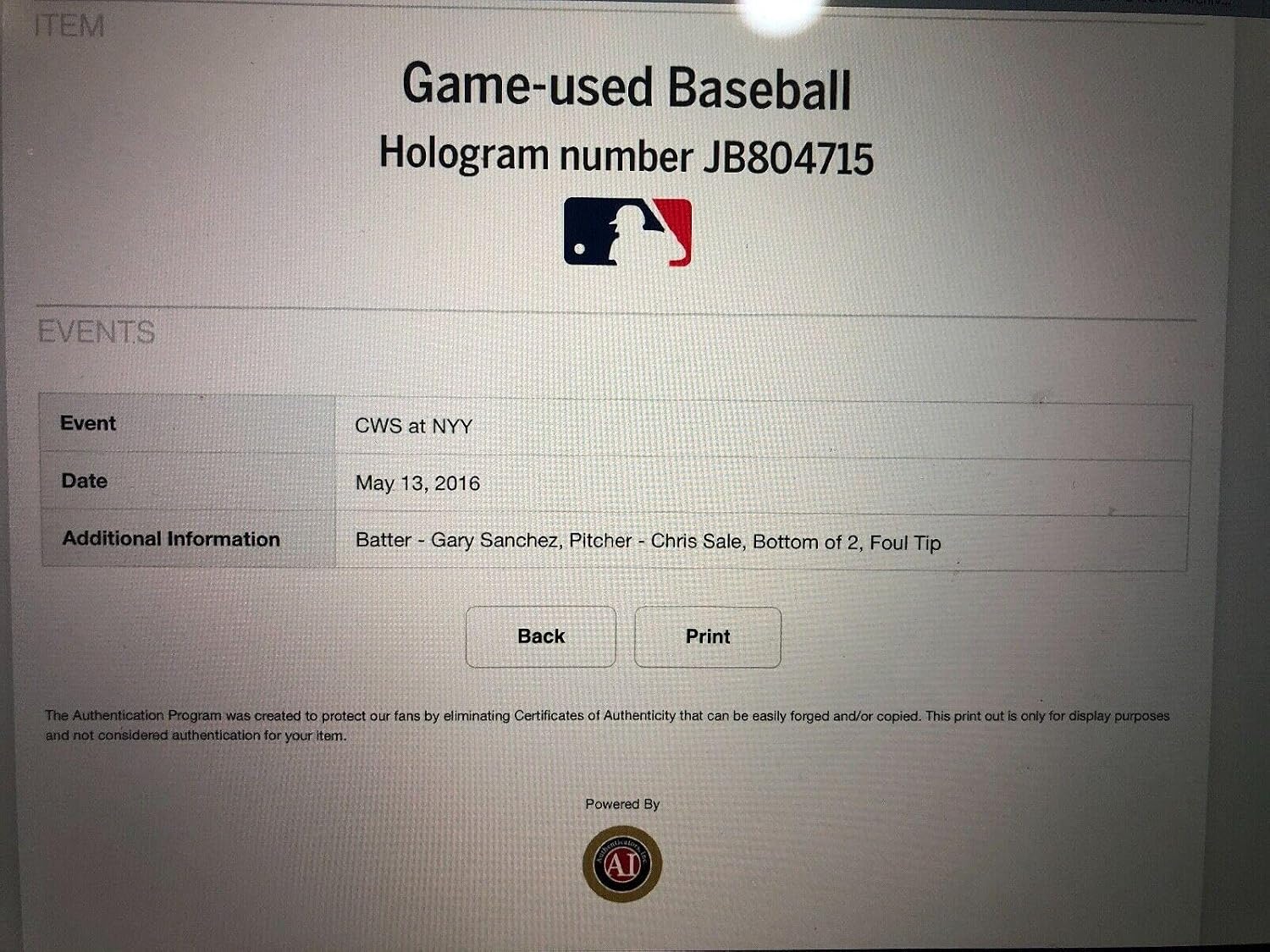 Gary Sanchez Signed Game Used Ball 1st Game 2016 Rookie Year ! 1/1 Sanchez Jsa - MLB Autographed Game Used Baseballs