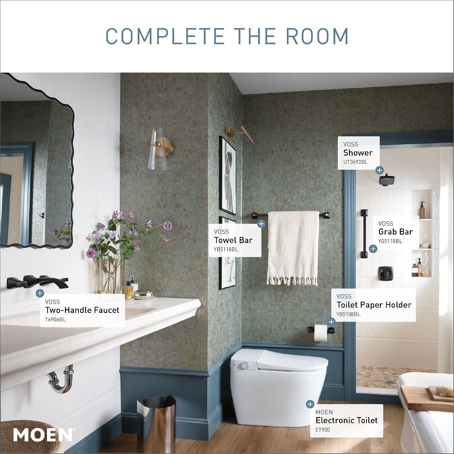 Moen T6906BL Voss Matte Black Two-Handle Wall Mount Bathroom Faucet Trim Kit, Valve Required
